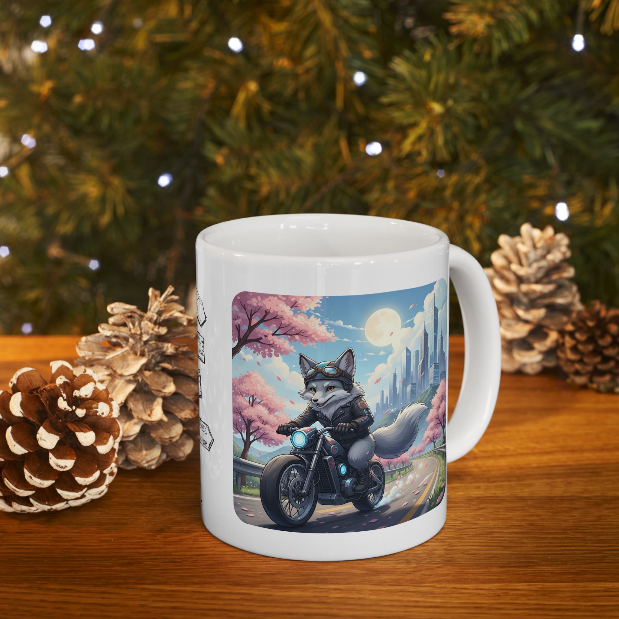 Kawaii Gray Fox Biker Wild & Free White Ceramic Mug — Sip & Ride Fox Moto Joy Cup, 11oz & 15oz
