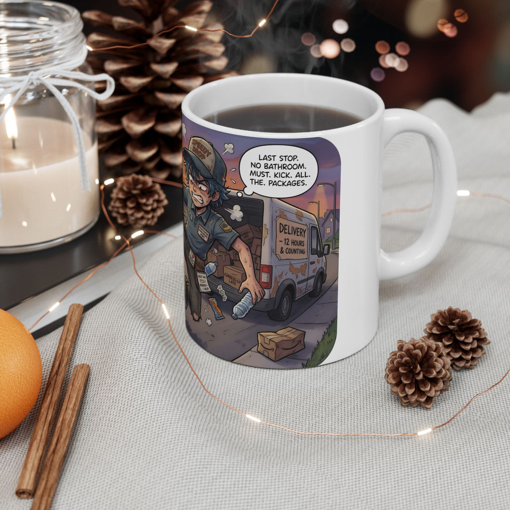 Speedy Drop Delivery Bathroom Tales White Ceramic Mug — "Gotta Go" Postal Worker Tea Cup (11oz/15oz)