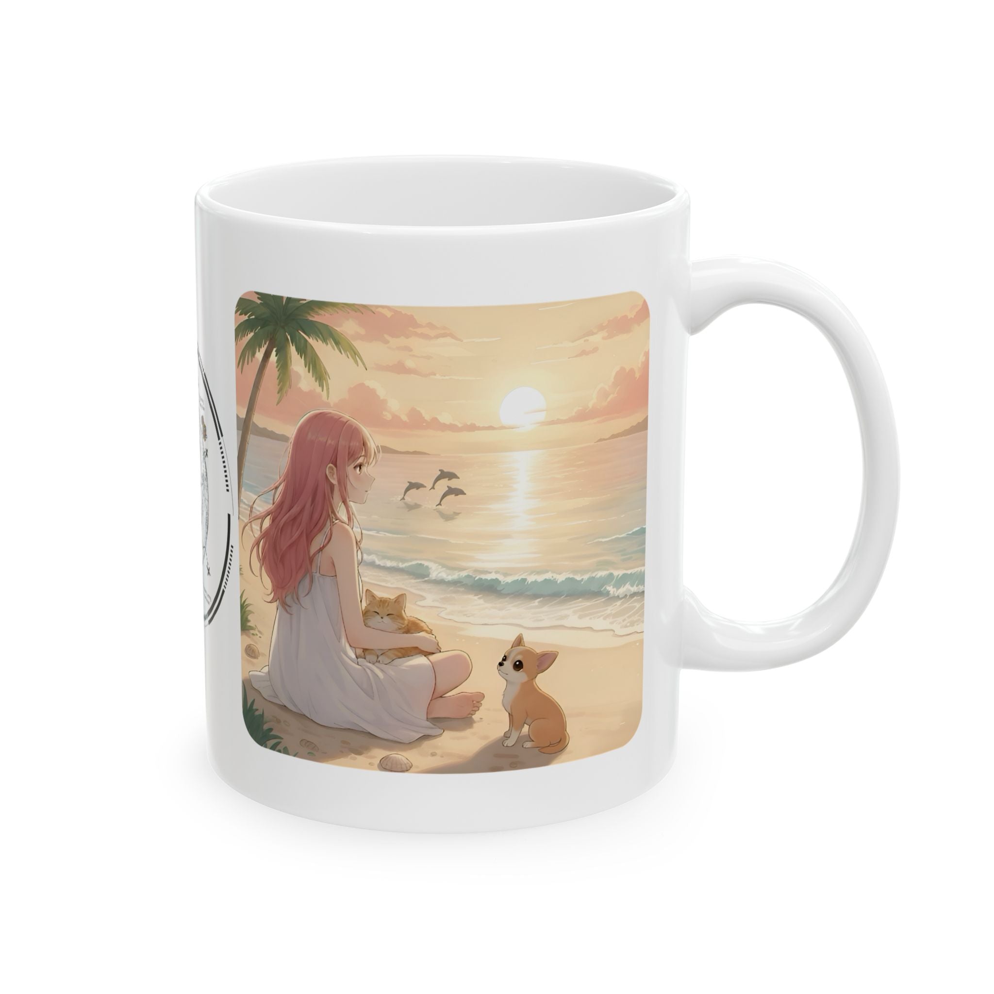 Chihuahua Dog Orange Cat Sunset & Sunflower White Ceramic Mug — Peaceful Waves Anime Girl Boho Beach Vibes Cup (11oz, 15oz)