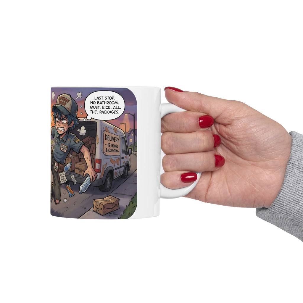 Speedy Drop Delivery Bathroom Tales White Ceramic Mug — "Gotta Go" Postal Worker Tea Cup (11oz/15oz)