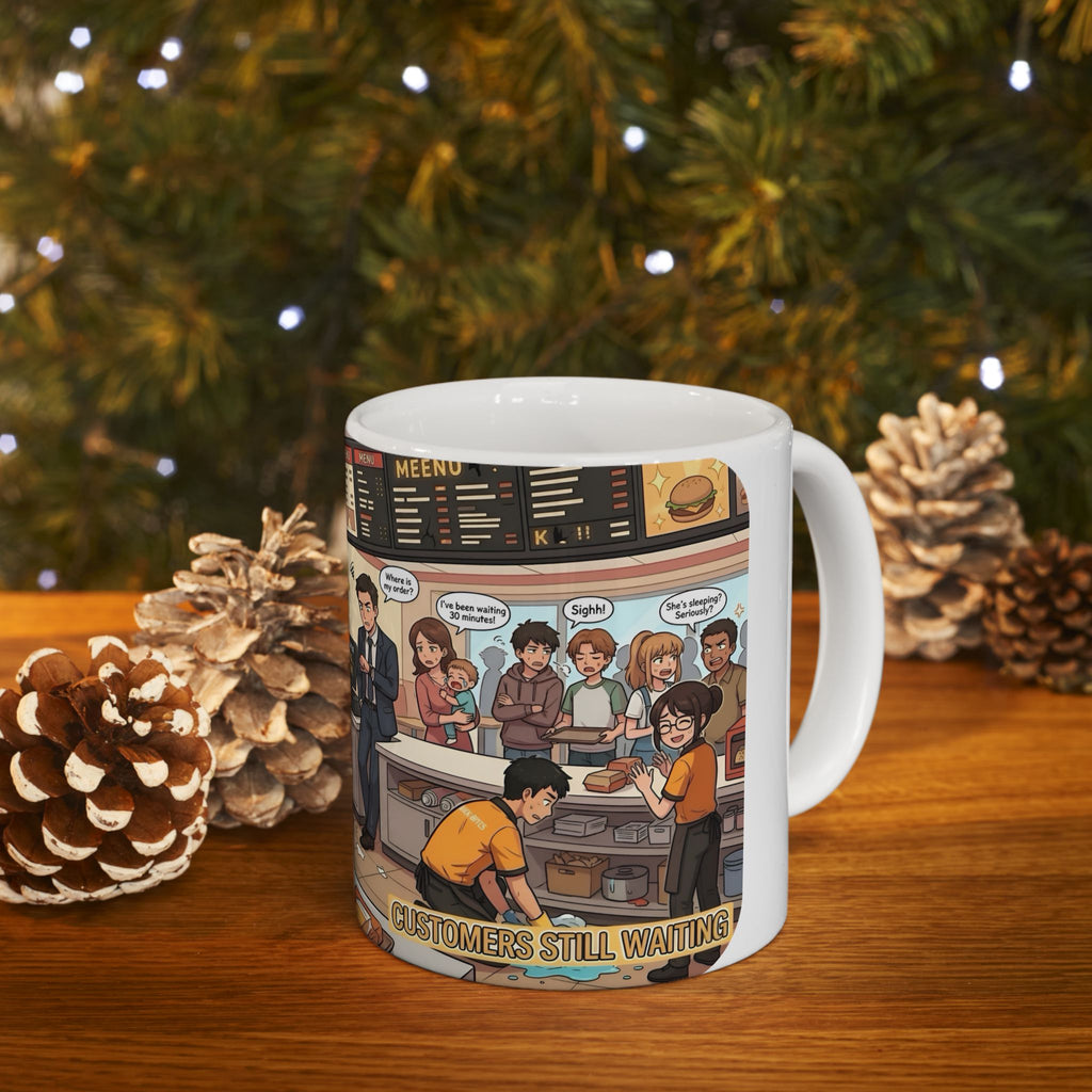 Funny Fast-Food Shift White Ceramic Mug – “Worst Nightmares” Comic Cafe Cup (11oz/15oz)