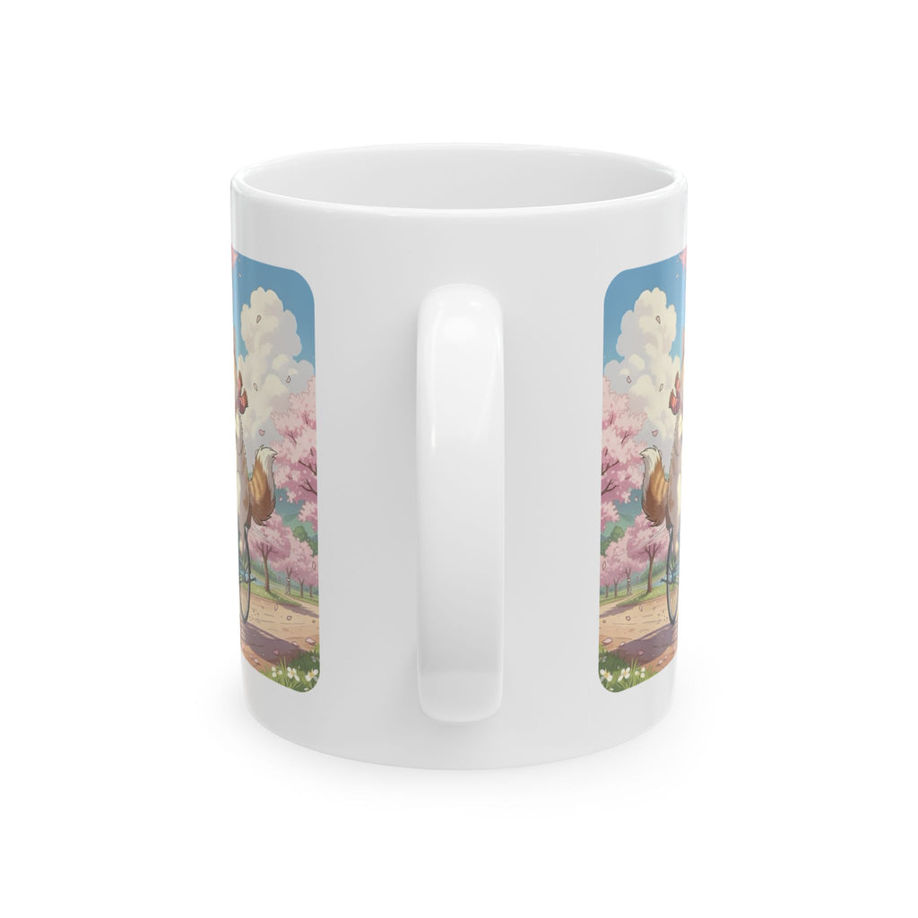 Cozy Kawaii Kitty Riding in Sakura Japan White Ceramic Mug — Whiskers on Wheels, Cherry Blossom Calm Cup, 11o z & 15oz