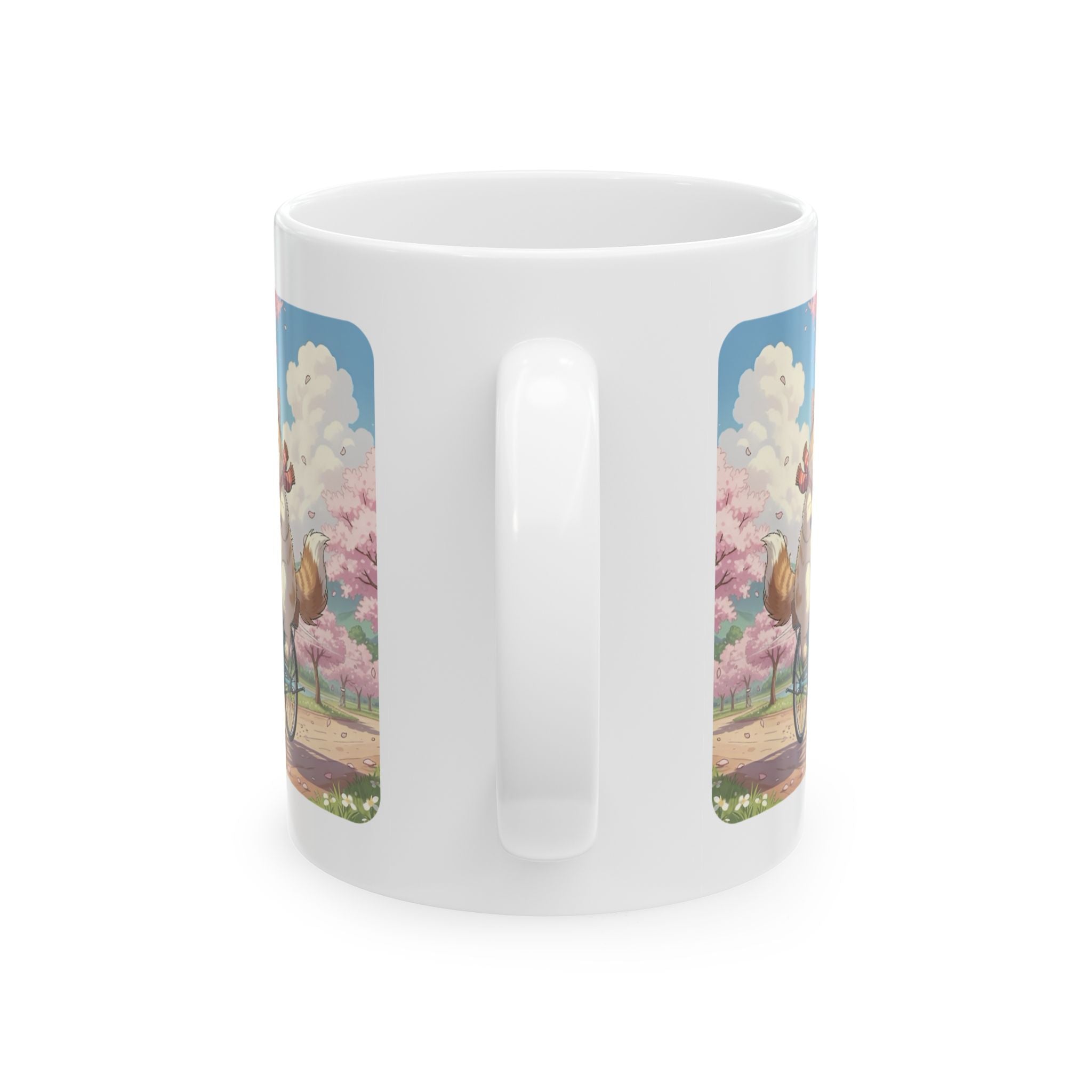 Cozy Kawaii Kitty Riding in Sakura Japan White Ceramic Mug — Whiskers on Wheels, Cherry Blossom Calm Cup, 11o z & 15oz