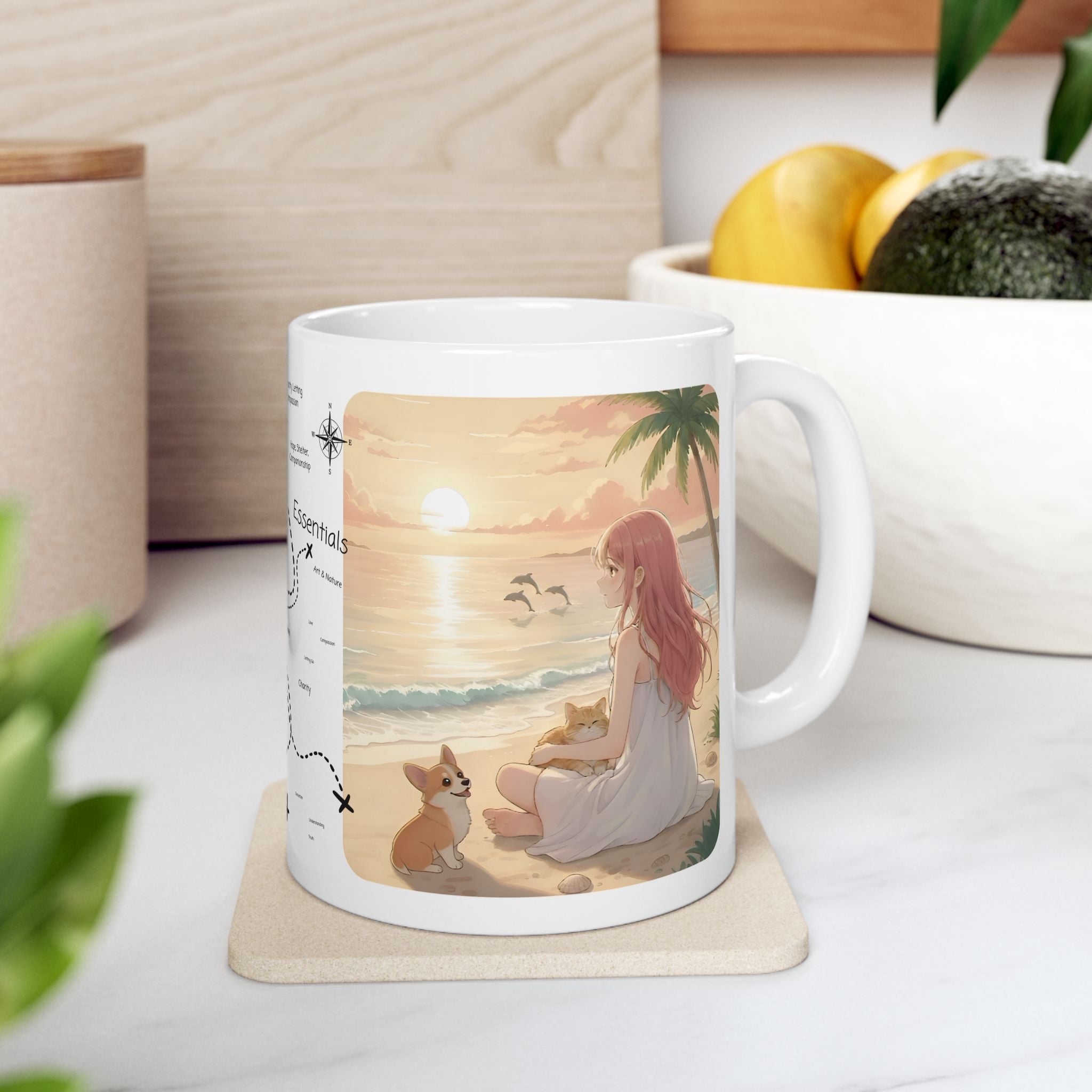 Cute Corgi Dog & Orange Cat Tropical Seascape White Ceramic Mug, Cozy Pembroke Welsh Corgi Mom on Beach Cup (11oz, 15oz)