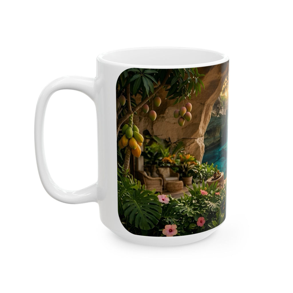 Tropical Cave Paradise White Ceramic Mug,  Relaxing Escape Cup (11 oz, 15 oz)