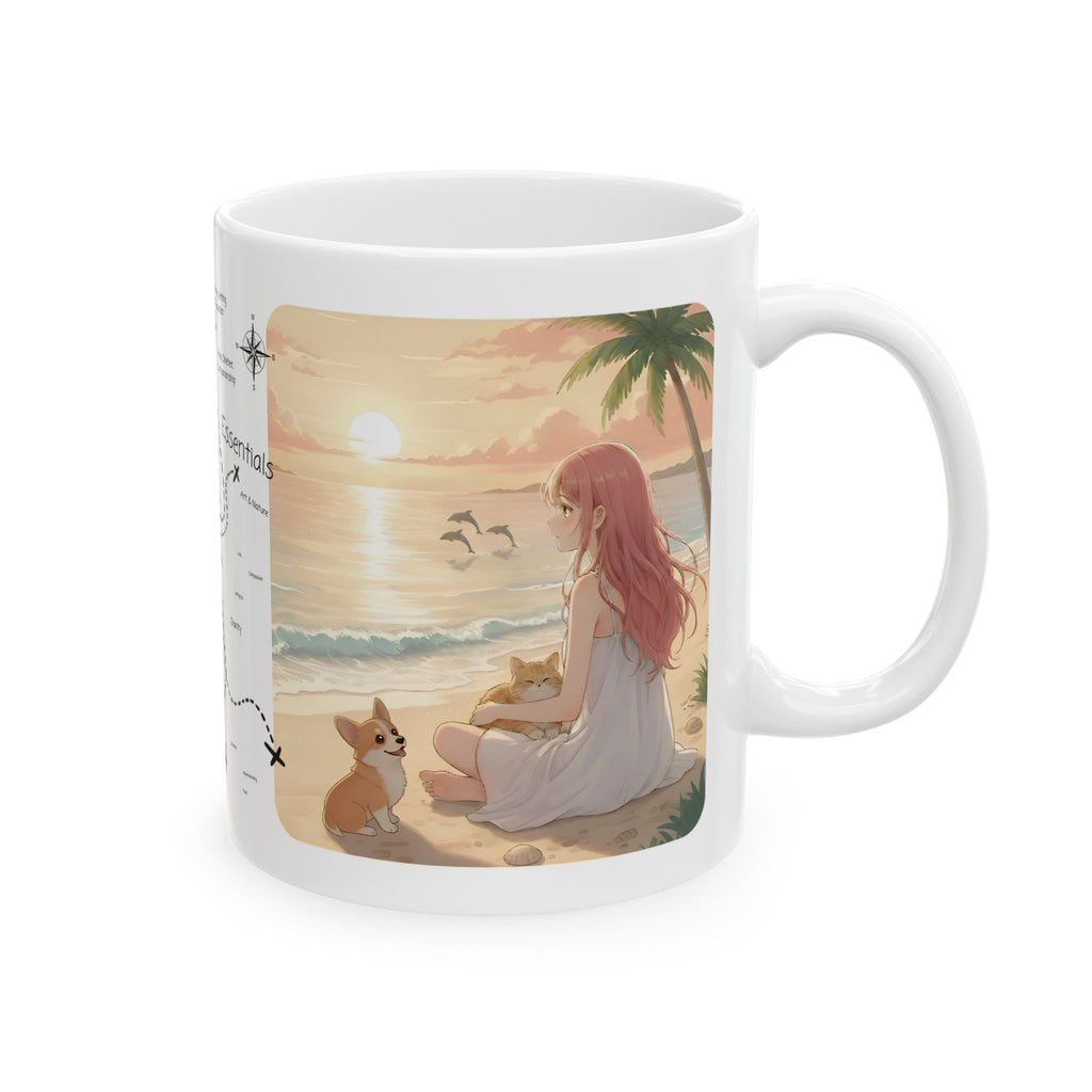 Cute Corgi Dog & Orange Cat Tropical Seascape White Ceramic Mug, Cozy Pembroke Welsh Corgi Mom on Beach Cup (11oz, 15oz)