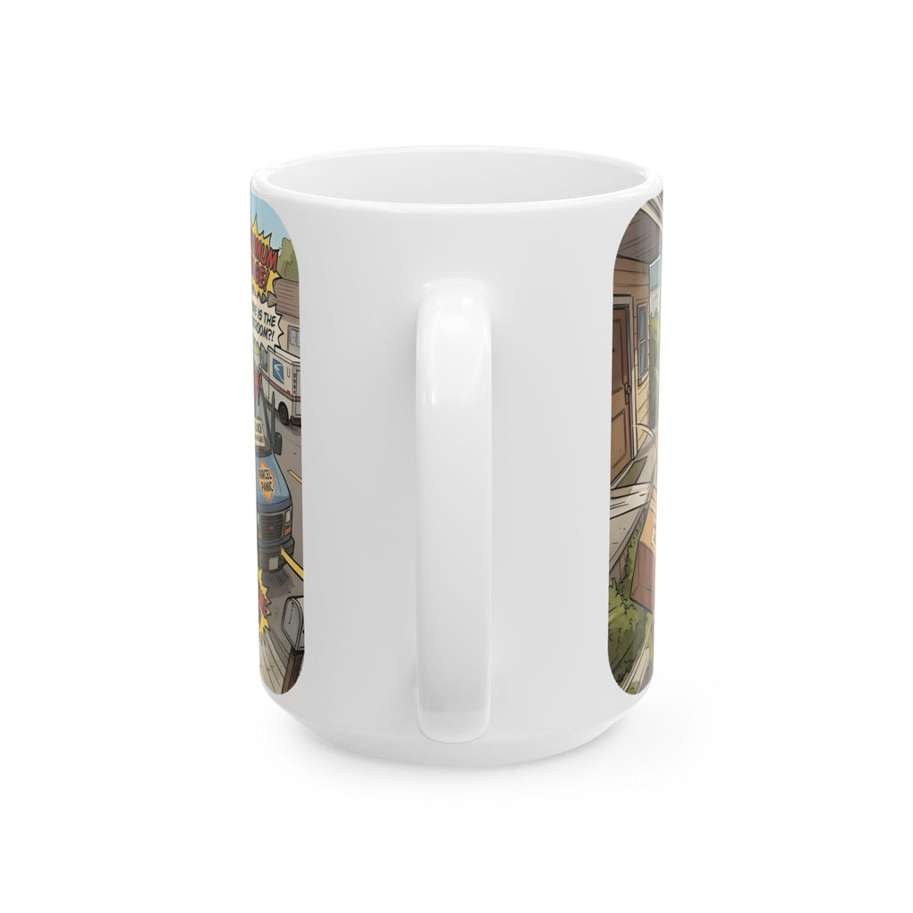 Delivery Worker Tales White Ceramic Mug (11oz/15oz), Relatable Life Snapshot "Gotta Hold It" Cup