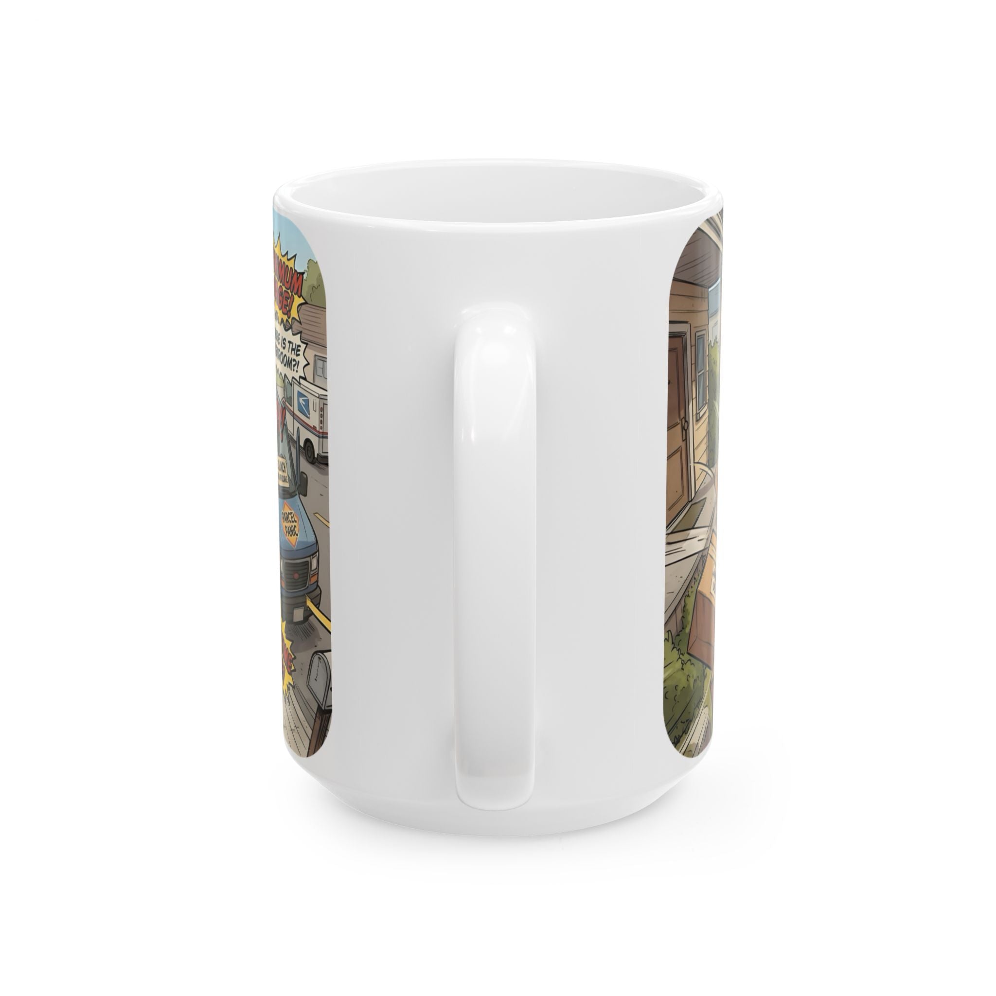 Delivery Worker Tales White Ceramic Mug (11oz/15oz), Relatable Life Snapshot "Gotta Hold It" Cup