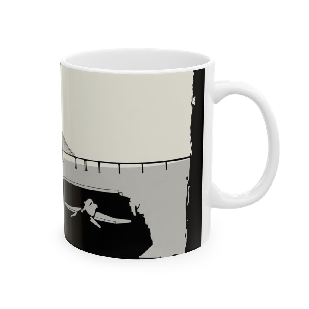 City Bridge Silhouette Scenic White Ceramic Mug – Waterfront Battleship View Cup (11 oz, 15 oz)
