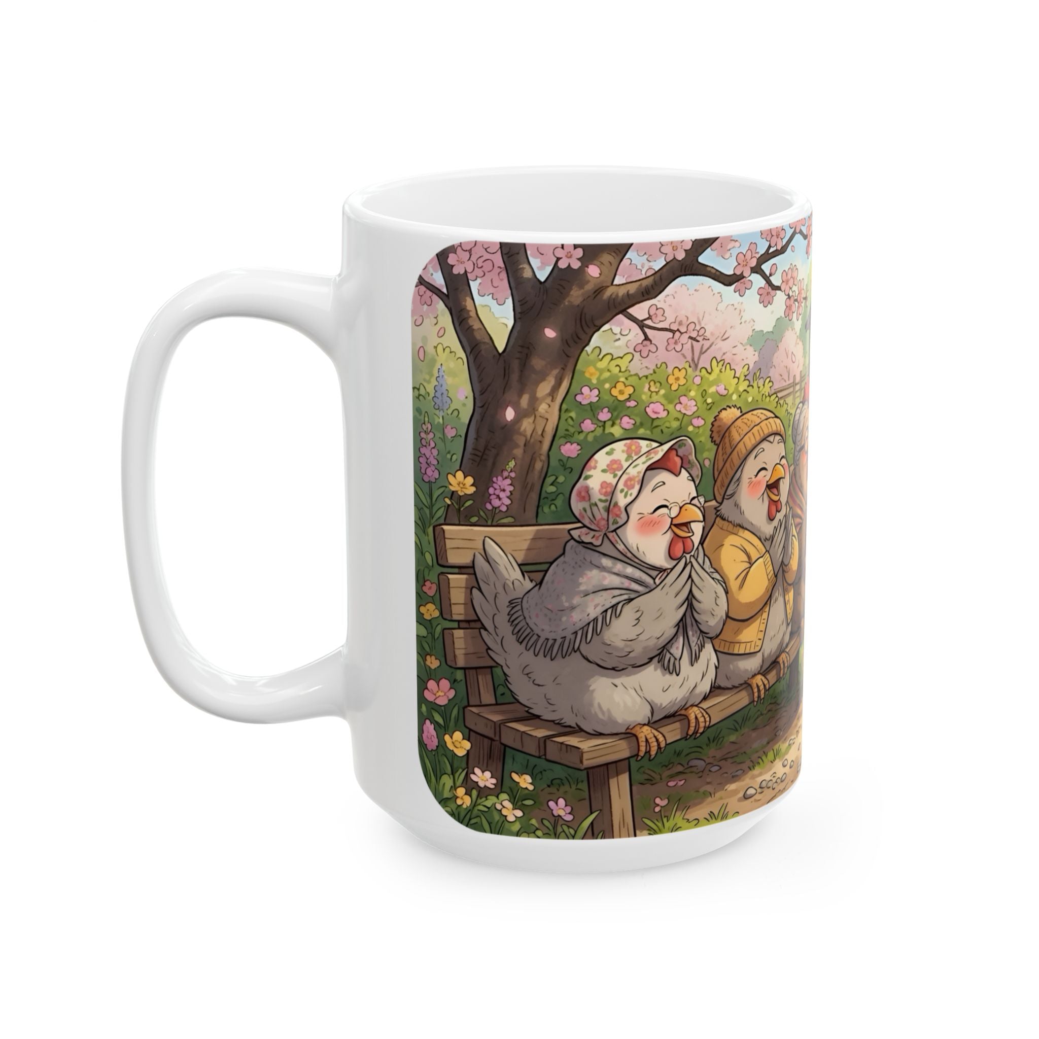Spring Rooster & Chickens White Ceramic Mug — Cute & Cozy Country Farm Tea Cup (11oz/15oz)