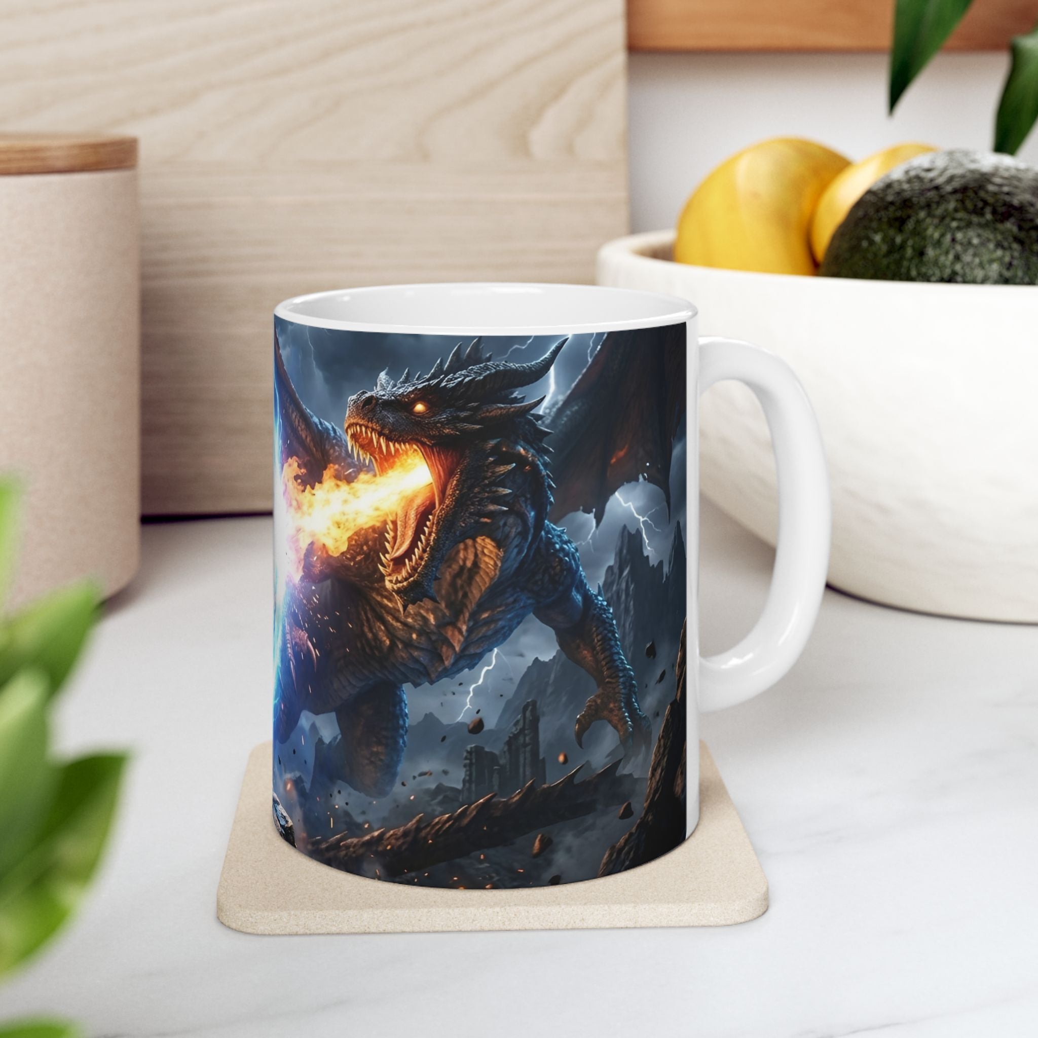 Dragon Battle #2 White Ceramic Mug — Epic Fantasy Gaming Adventure Scene (11oz, 15oz)