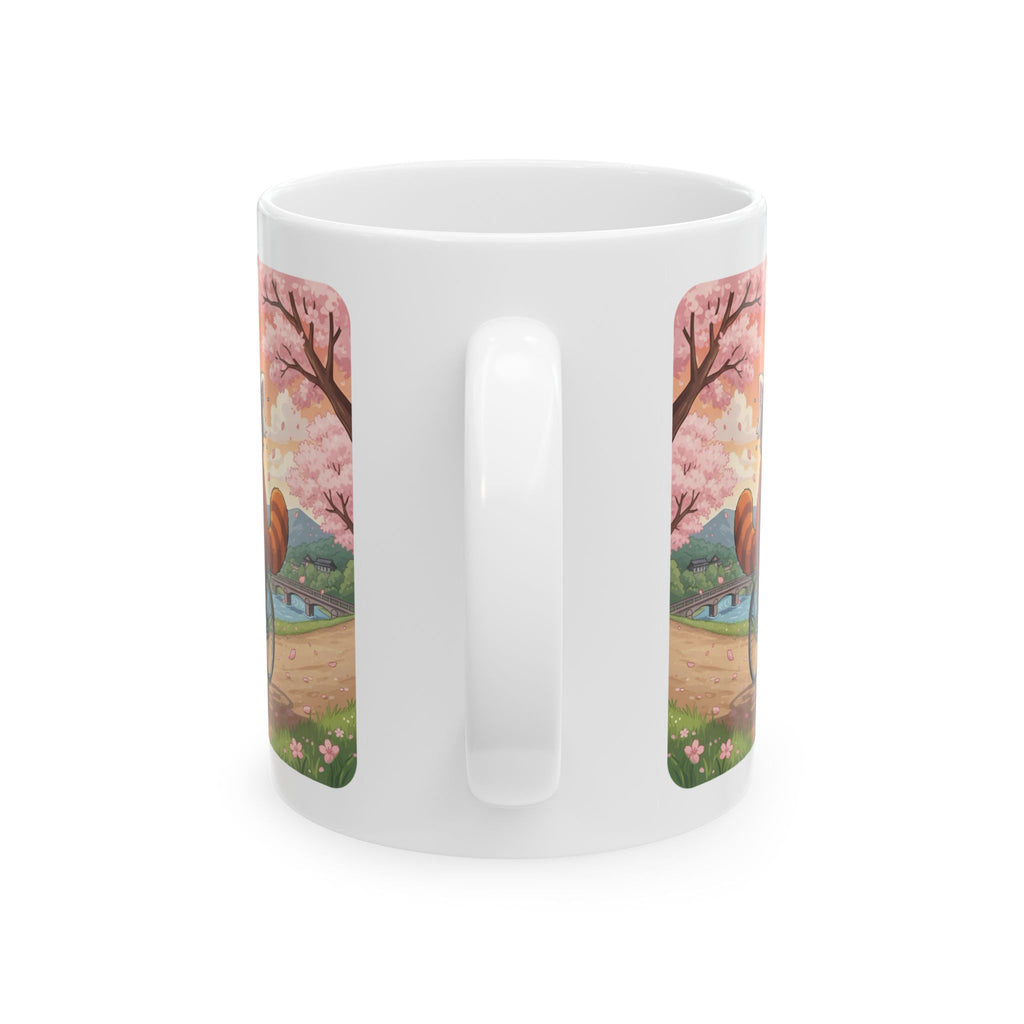 Cozy Red Panda & Baby Panda in Sakura Japan White Ceramic Mug — Happy Panda Family Bicycle Cup, 11oz & 15oz