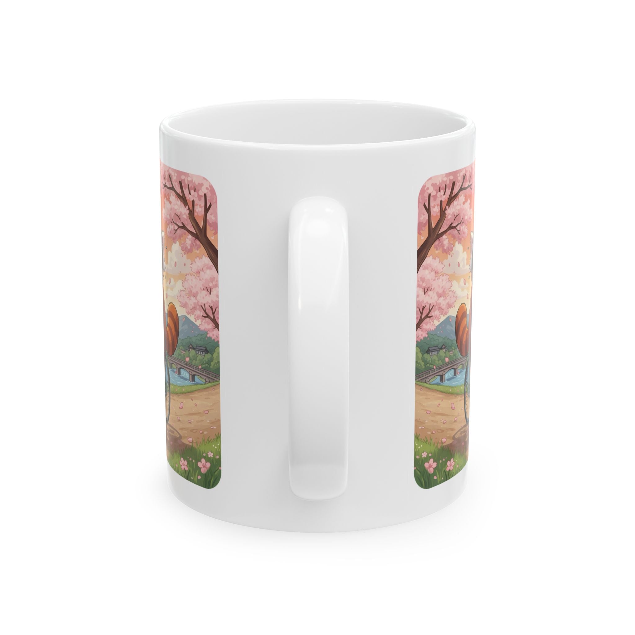 Cozy Red Panda & Baby Panda in Sakura Japan White Ceramic Mug — Happy Panda Family Bicycle Cup, 11oz & 15oz