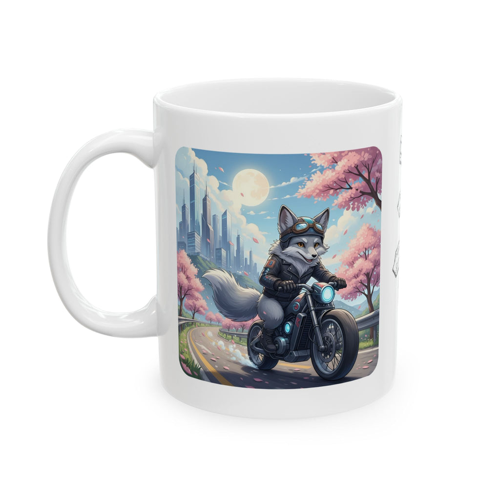 Kawaii Gray Fox Biker Wild & Free White Ceramic Mug — Sip & Ride Fox Moto Joy Cup, 11oz & 15oz