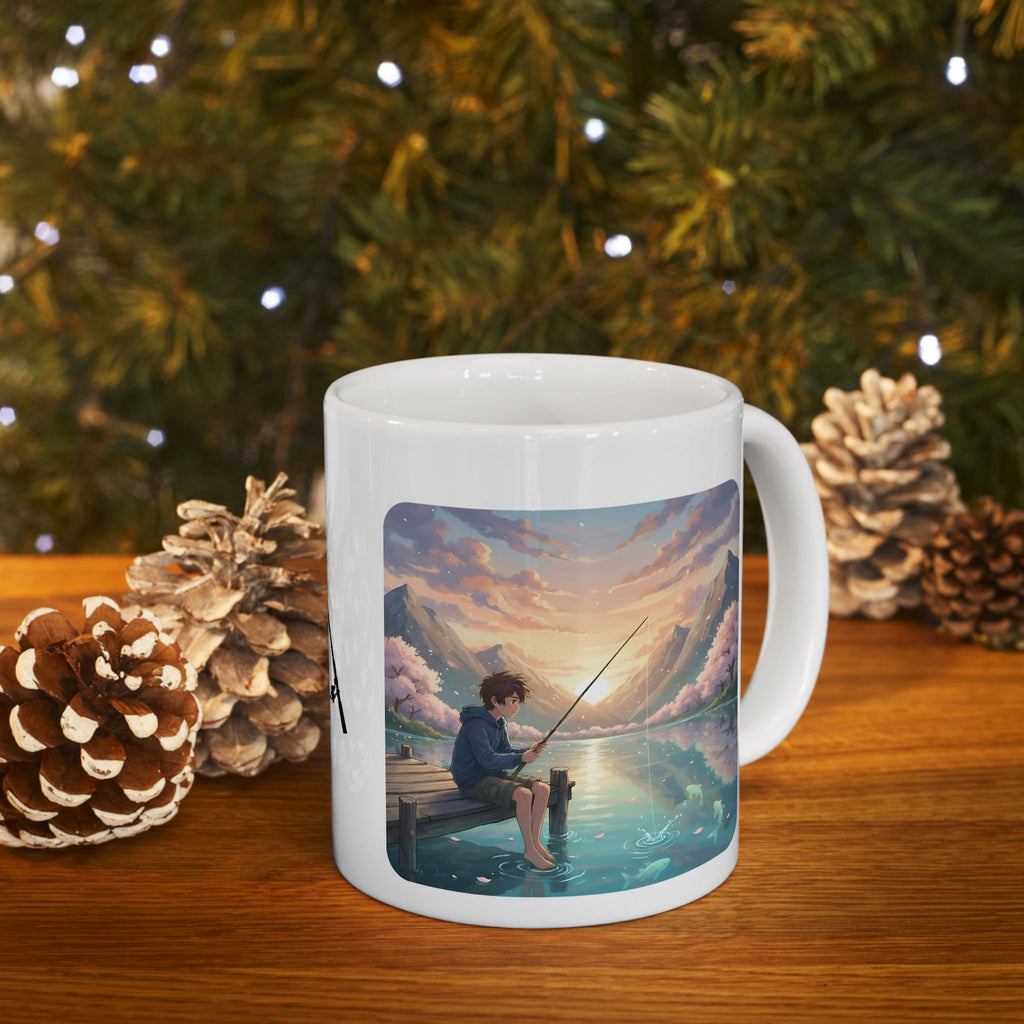 Boy Fishing at Sunset on Lakefront Pier White Ceramic Mug, Mountain View Cherry Blossom Serenity Cup (11oz, 15oz)