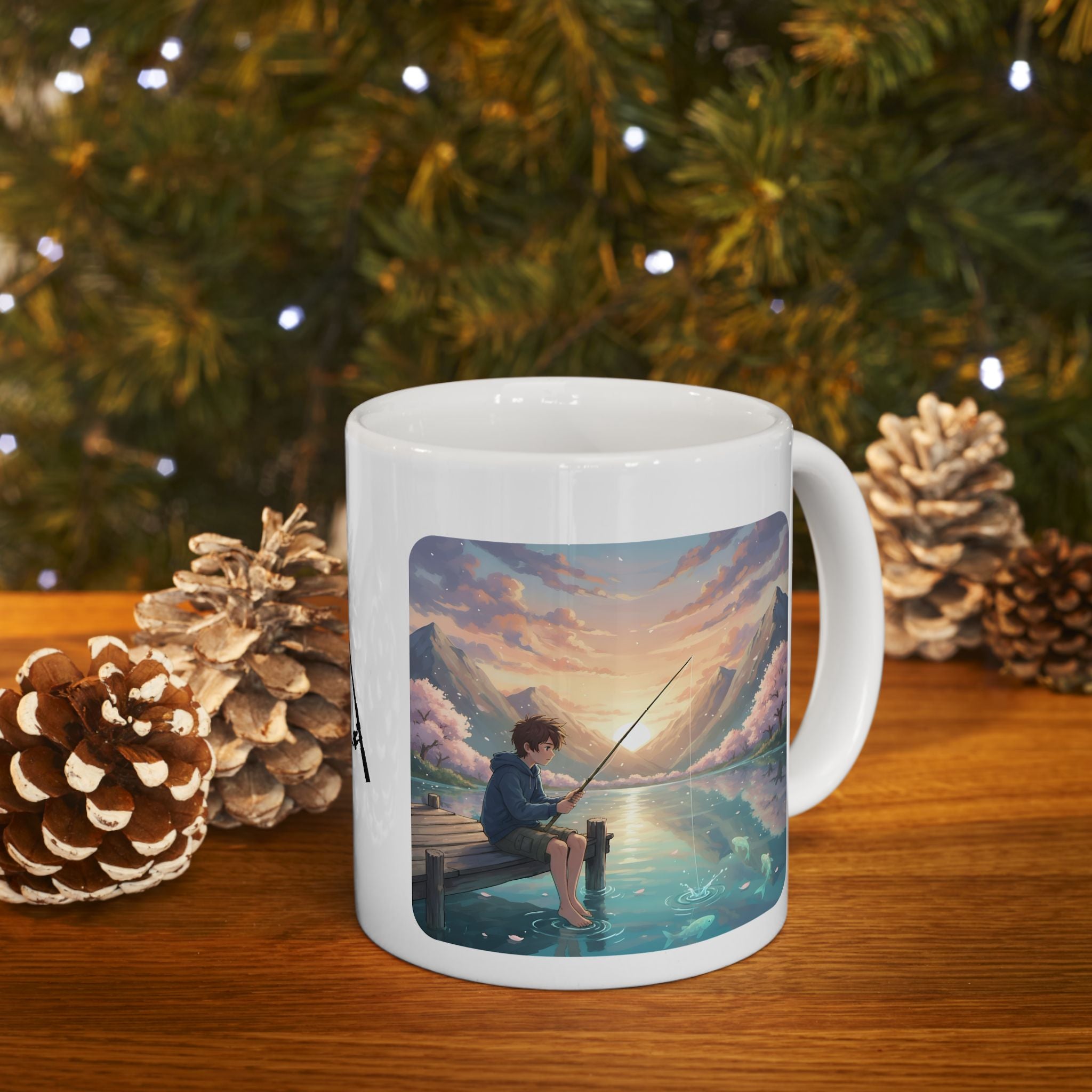 Boy Fishing at Sunset on Lakefront Pier White Ceramic Mug, Mountain View Cherry Blossom Serenity Cup (11oz, 15oz)