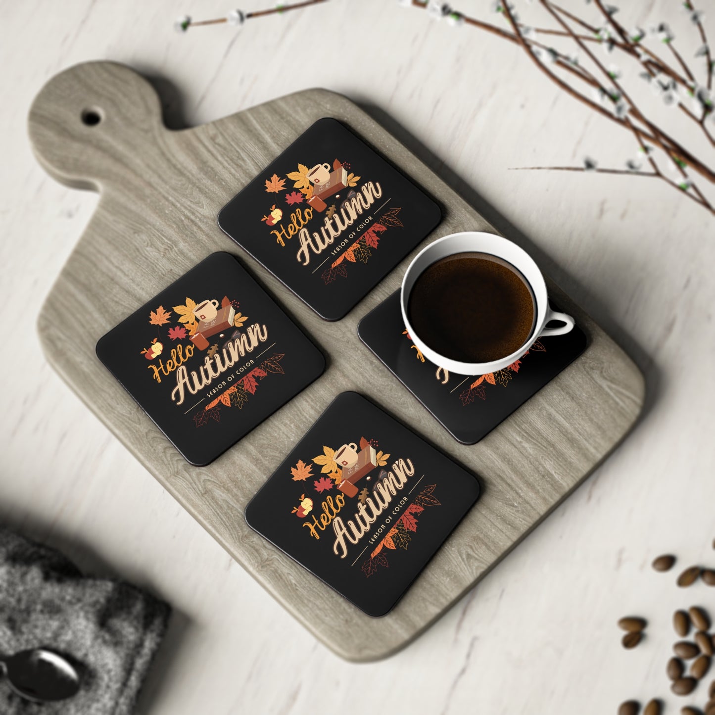 Journeys Hello Autumn Seasons of Change Coaster Black, Gifts for the Holidays, Seasonal Coasters, Coasters for All Occasions, Thanksgiving Coaster