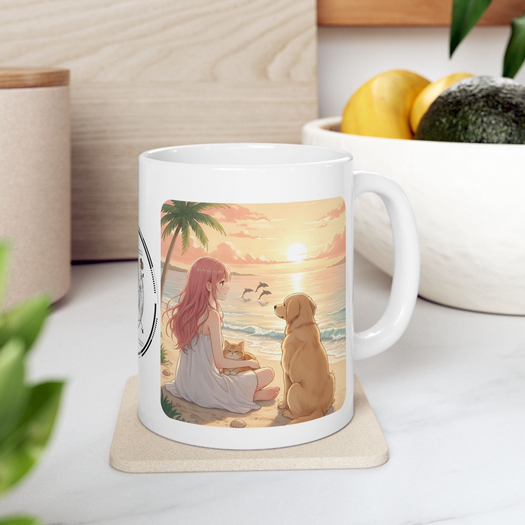 Golden Retriever Dog Tropical Sunset & Sunflower White Ceramic Mug — Orange Cat Boho Beach Vibes Tea Cup (11oz, 15oz)