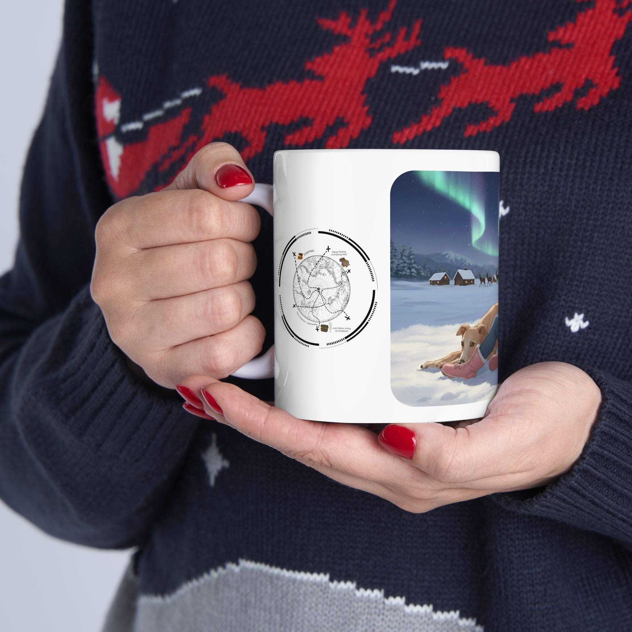 Cozy Winter Night Sky & Reindeer Charm Anime White Ceramic Mug — Greyhound & Siberian Cat under Northern Lights Cup (11oz, 15oz)