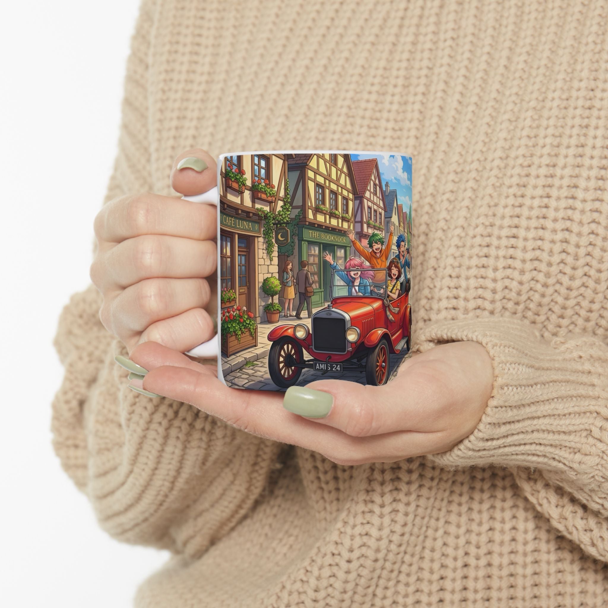 Vintage Village Roadtrip #2 White Ceramic Mug — Classic Cars & Happy Town Friends Cup (11oz, 15oz)