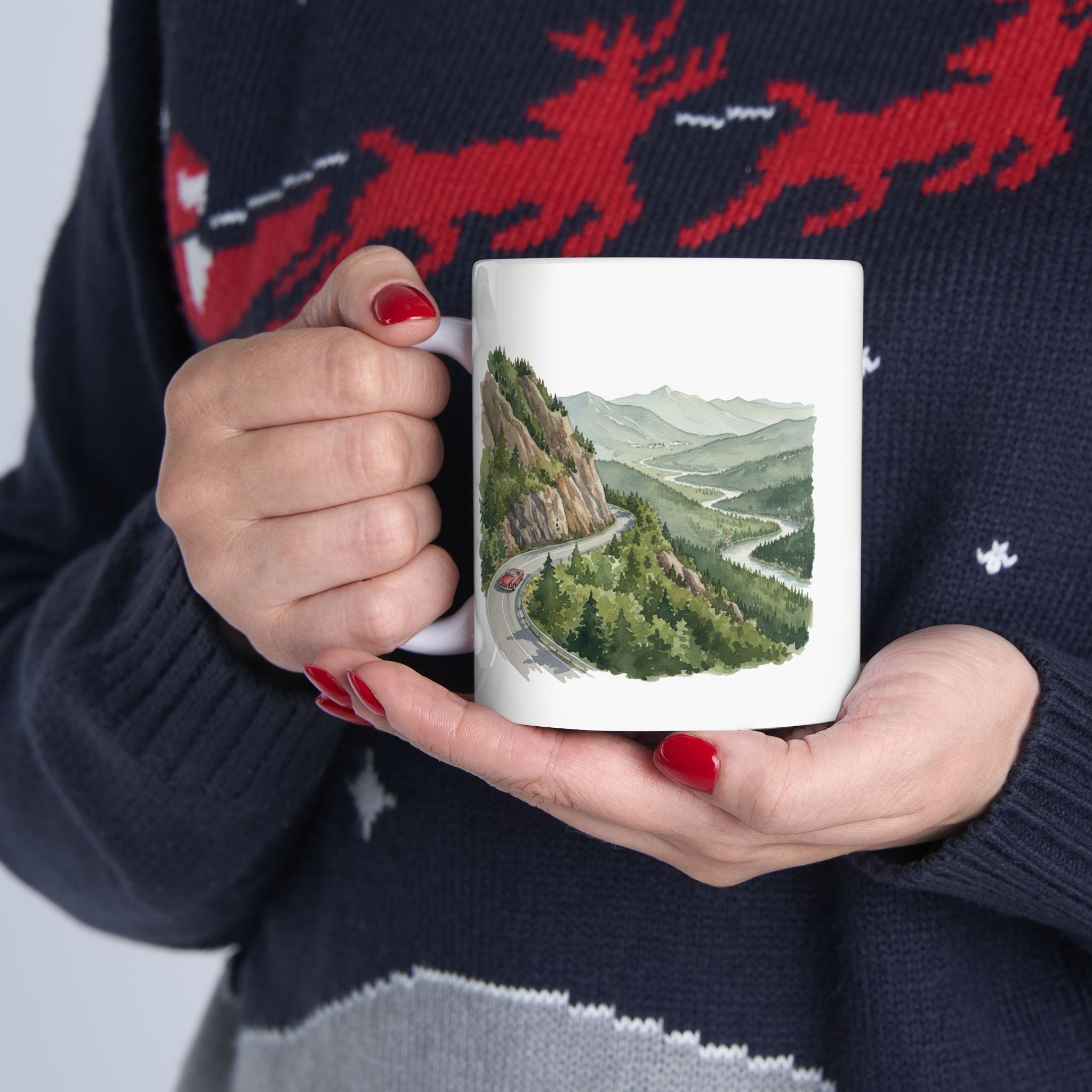 Scenic Convertible Countryside Drive White Ceramic Mug (11oz, 15oz), Relaxing and Cozy Open Road Mountain Getaway Cup