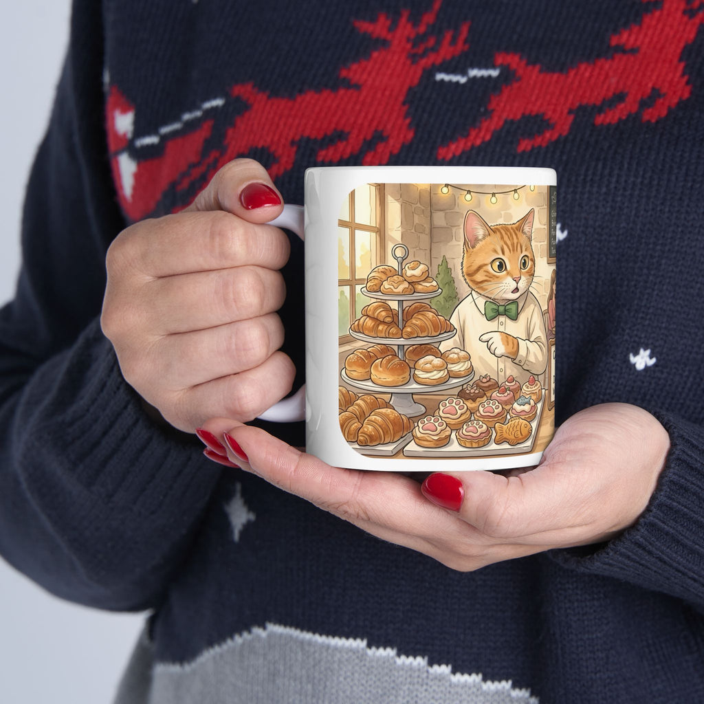 Cat-Astrophe Café White Ceramic Mug — Cute Cat Bakery Date Cup (11oz & 15oz)