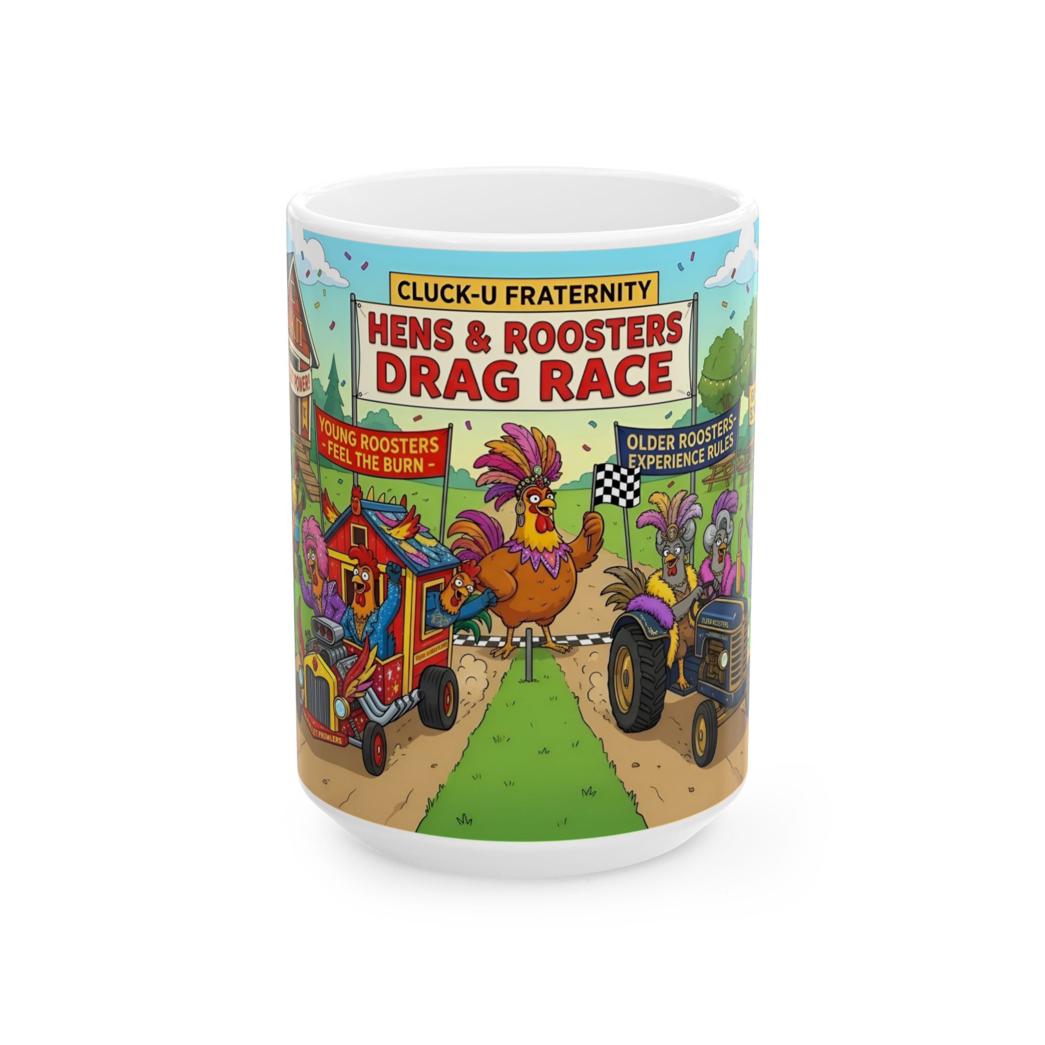 Hens & Roosters Drag Race White Ceramic Mug — Funny Farm Fraternity Racing Tea Cup (11oz/15oz)