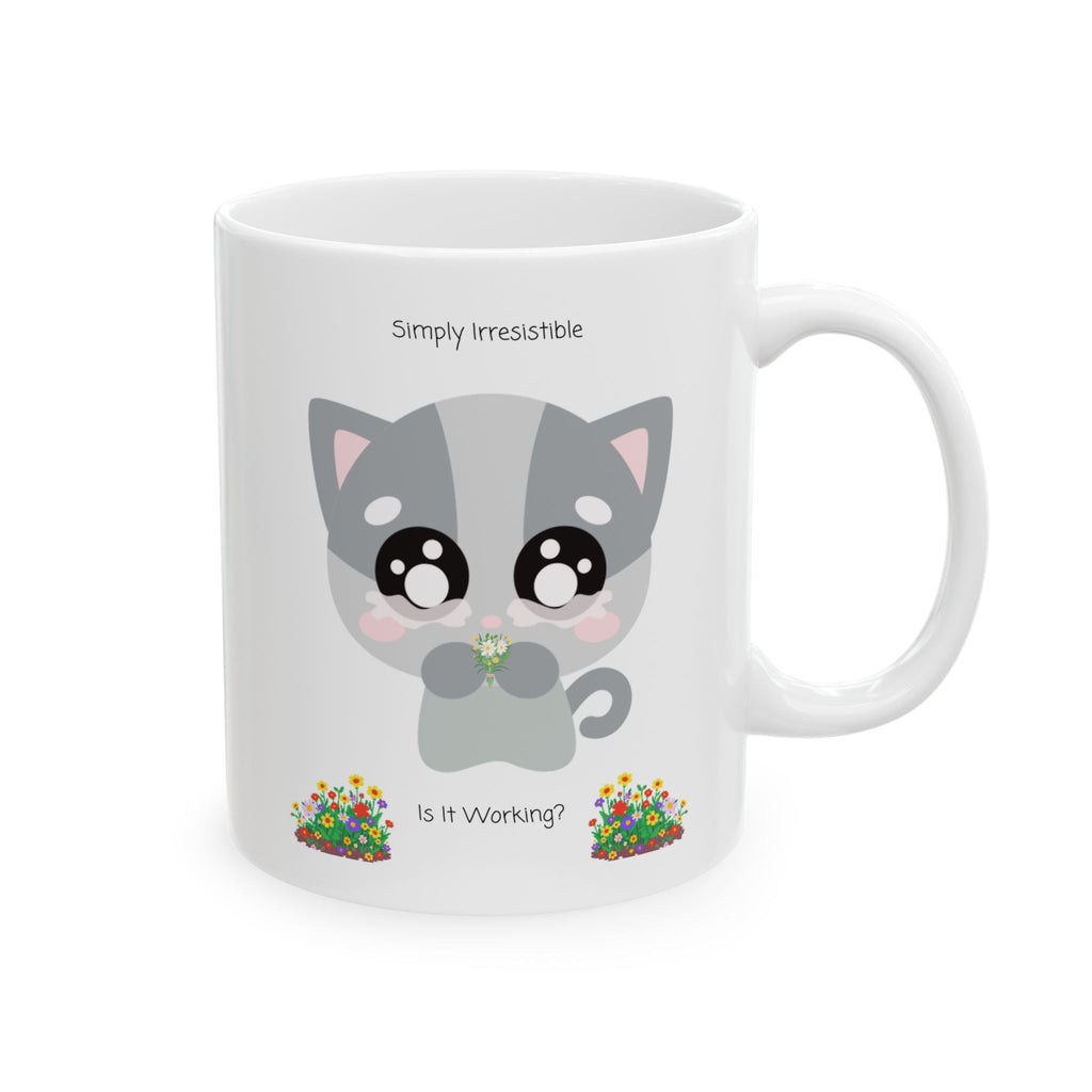 Cozy Simply Irresistible Cat White Ceramic Mug — Floral Kitten Lover Tea Cup (11oz, 15oz)