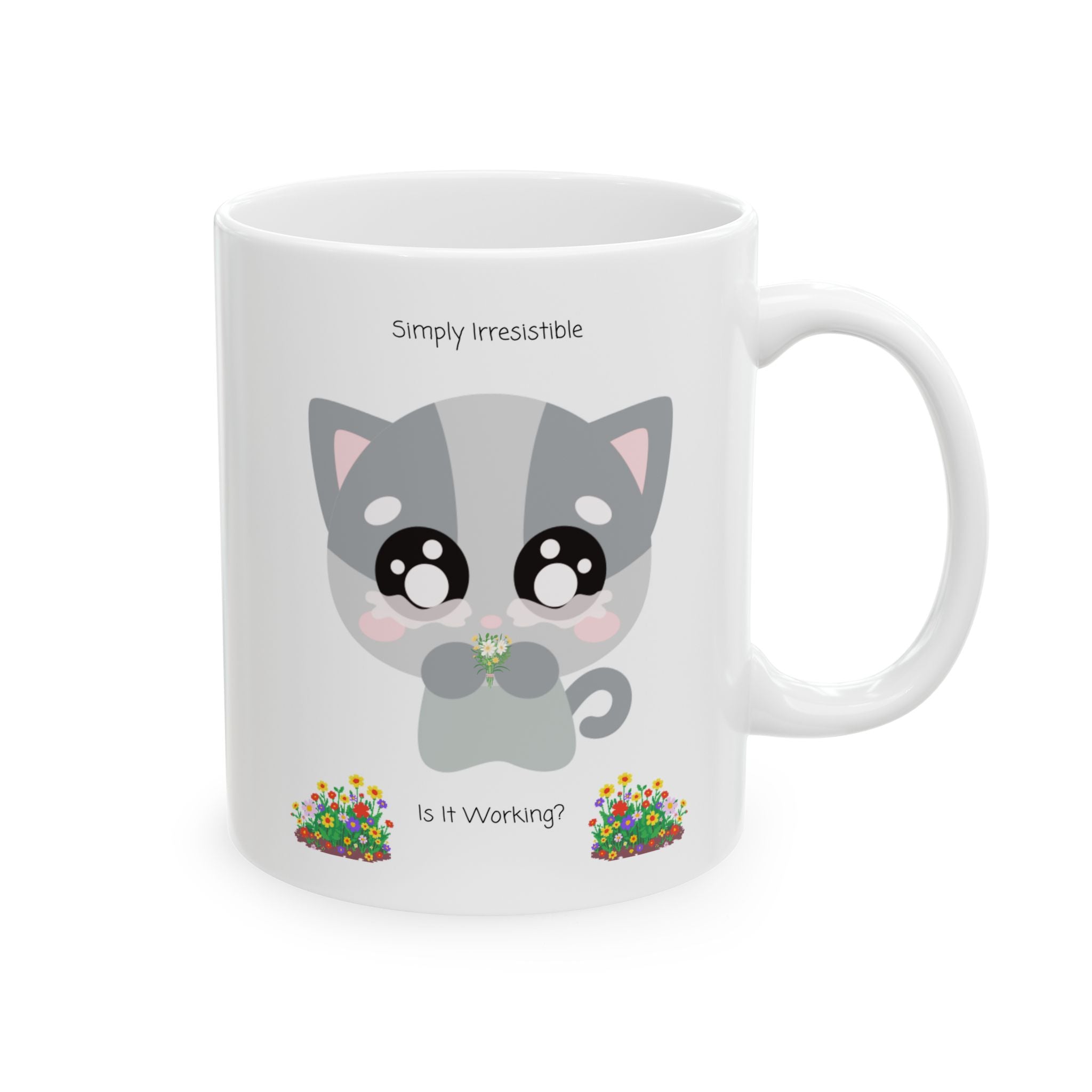 Cozy Simply Irresistible Cat White Ceramic Mug — Floral Kitten Lover Tea Cup (11oz, 15oz)