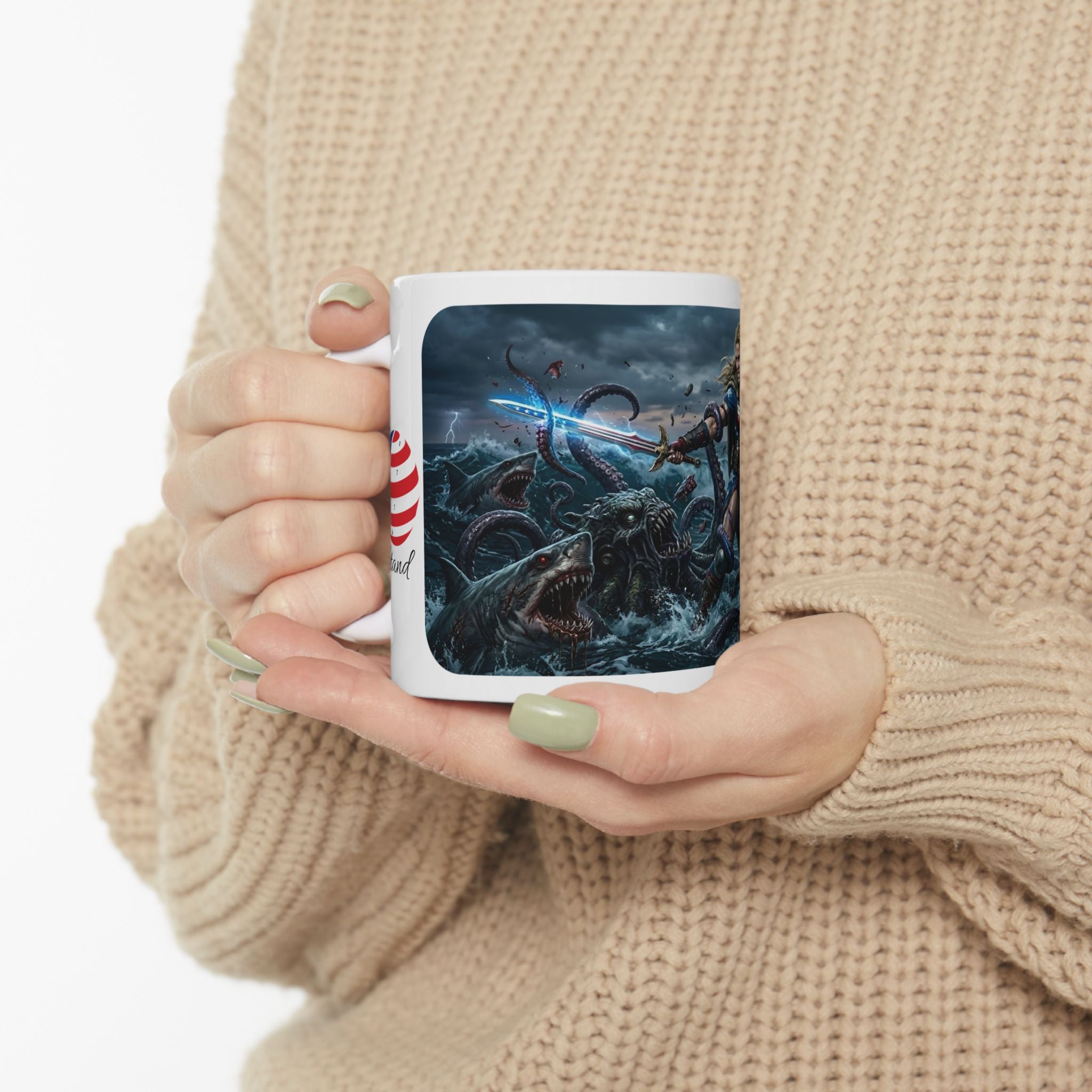 Lady Liberty Unbound #2 White Ceramic Mug — USA Standing Strong Against Darkness Cup
