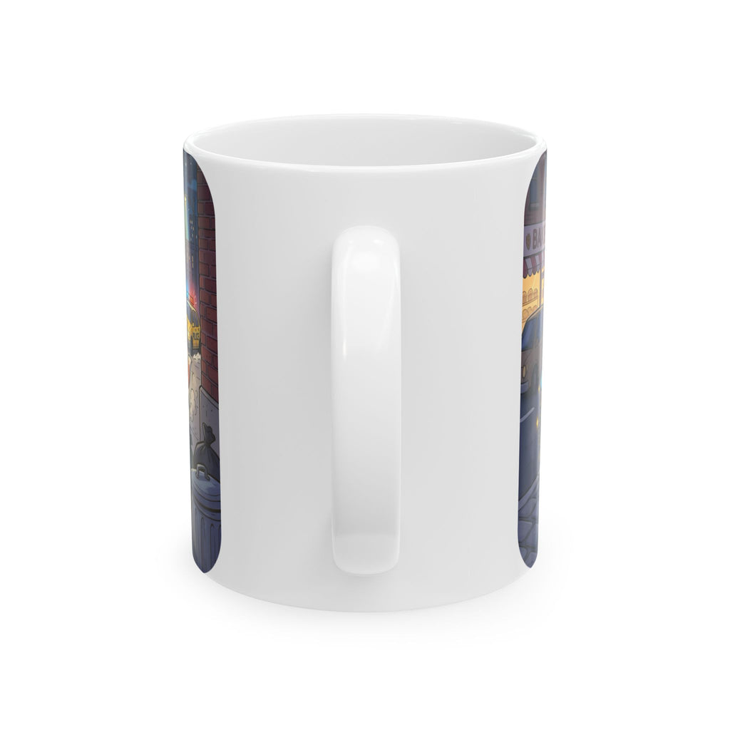 Rambunctious Ringtails White Ceramic Mug — Funny Raccoon Heist Night Scene Cup (11oz, 15oz)
