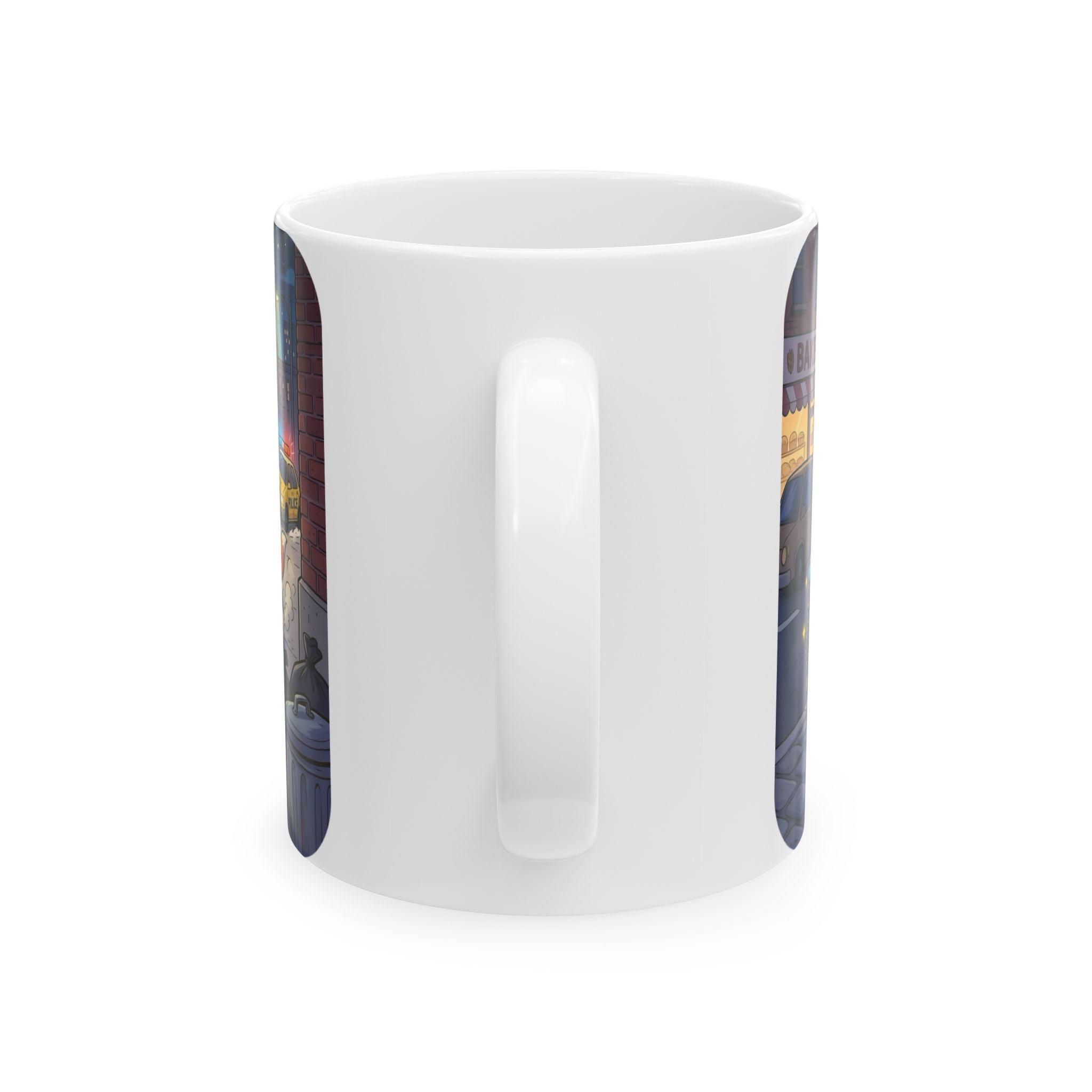 Rambunctious Ringtails White Ceramic Mug — Funny Raccoon Heist Night Scene Cup (11oz, 15oz)