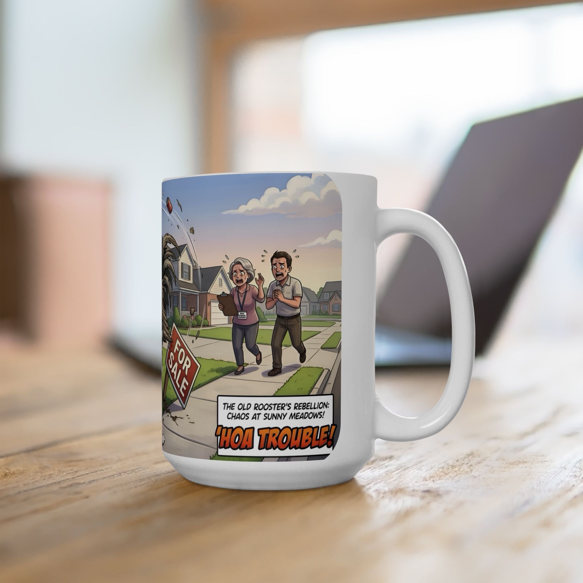 Rooster Rebellion White Ceramic Mug – Funny Morning HOA Trouble Cup (11oz/15oz)