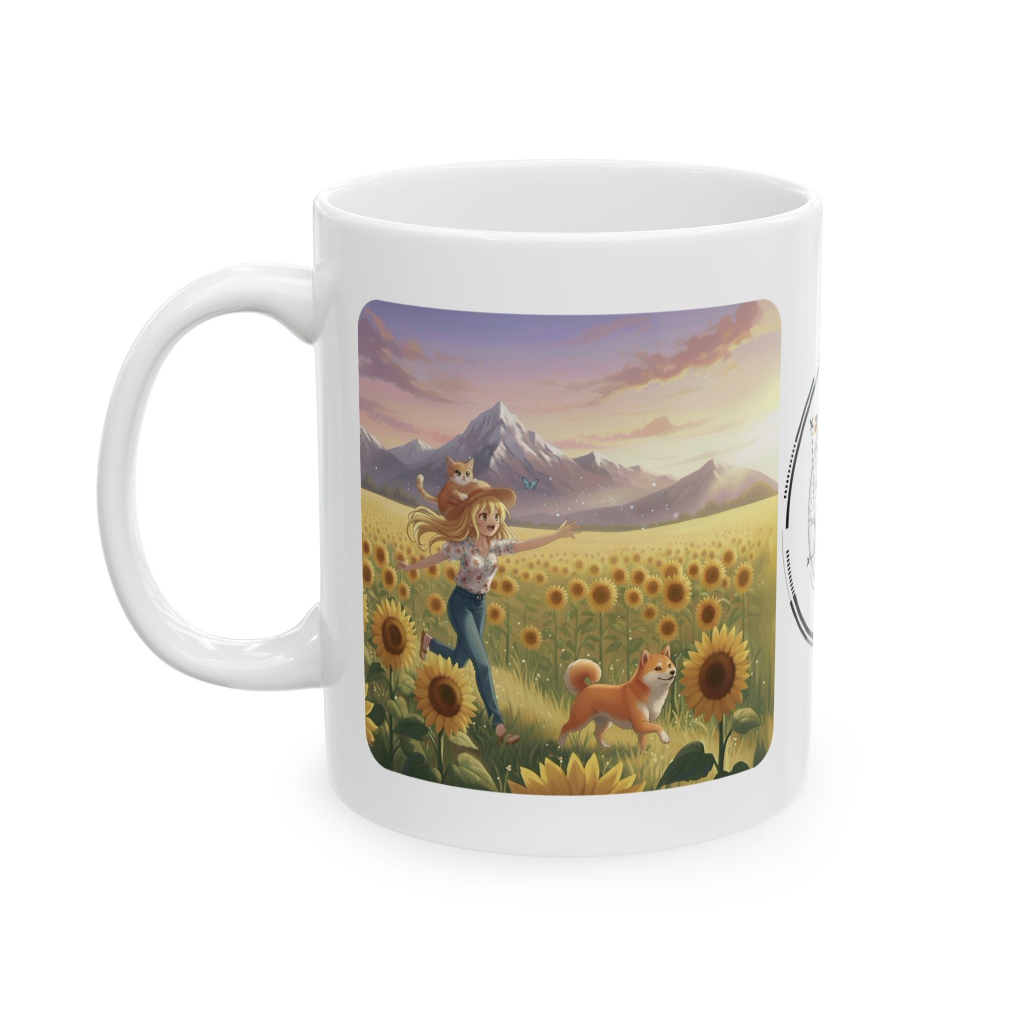 Shiba Inu Dog Orange Cat Sunset & Sunflower White Ceramic Mug — Peaceful Waves Anime Girl Boho Beach Vibes Cup (11oz, 15oz)