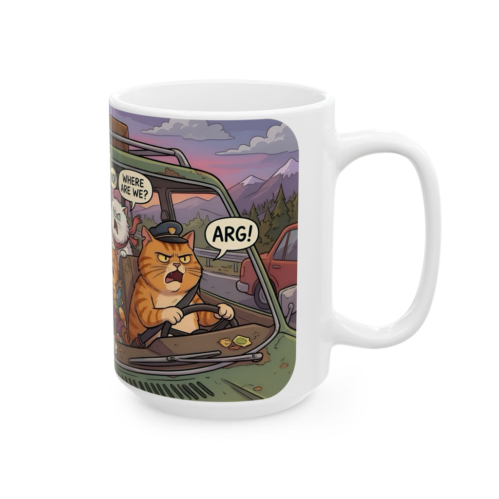 Squabbling Cats On A Road Trip White Ceramic Mug (11oz/15oz), Funny Cat'n Get Along Cup
