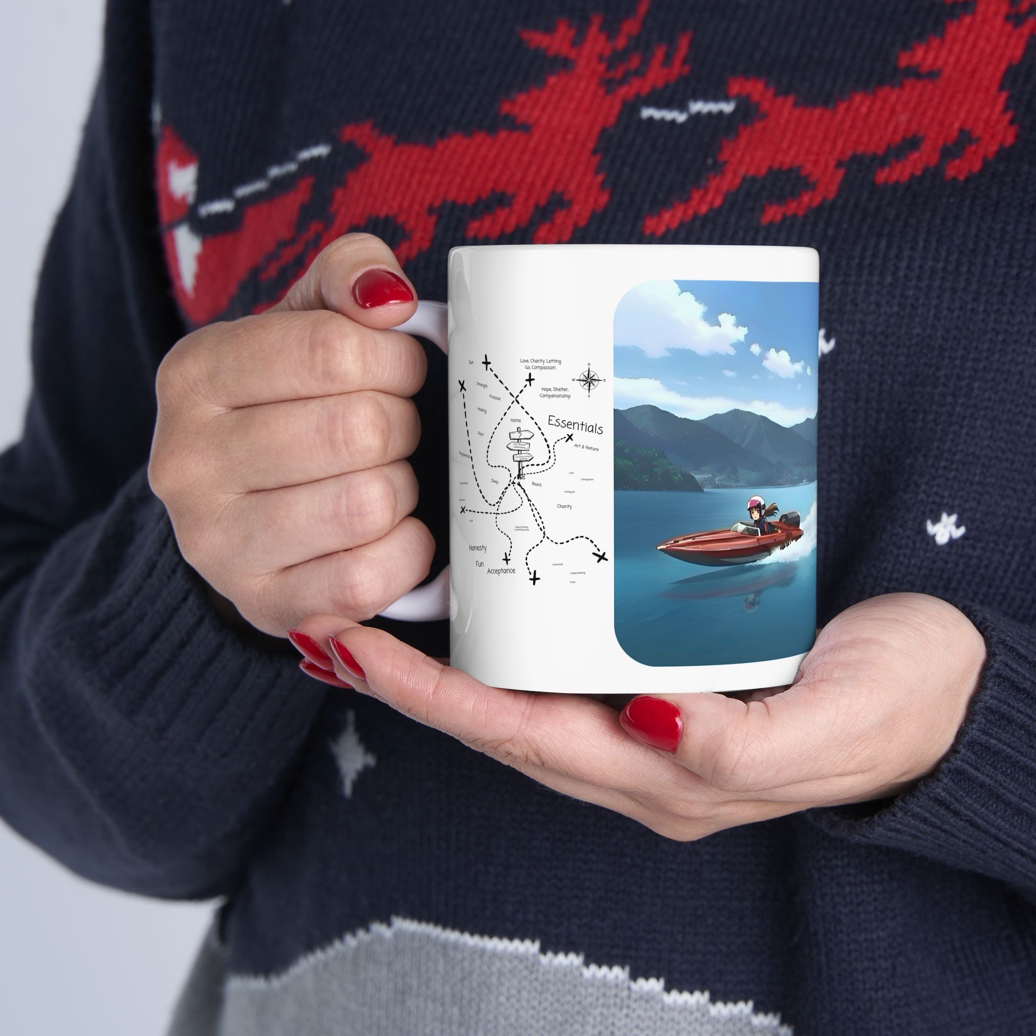 Adrenaline Boat Race #4 for Friends & Couples White Ceramic Mug — Anime Speedboat Treasure Map Cup (11oz/15oz)