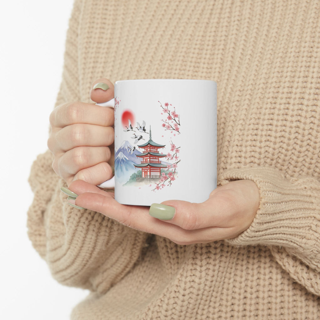 Cherry Blossom Mountain White Ceramic Mug - Japanese Sakura Scenic Tea Cup (11oz, 15oz)
