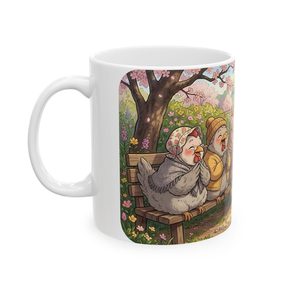 Spring Rooster & Chickens White Ceramic Mug — Cute & Cozy Country Farm Tea Cup (11oz/15oz)