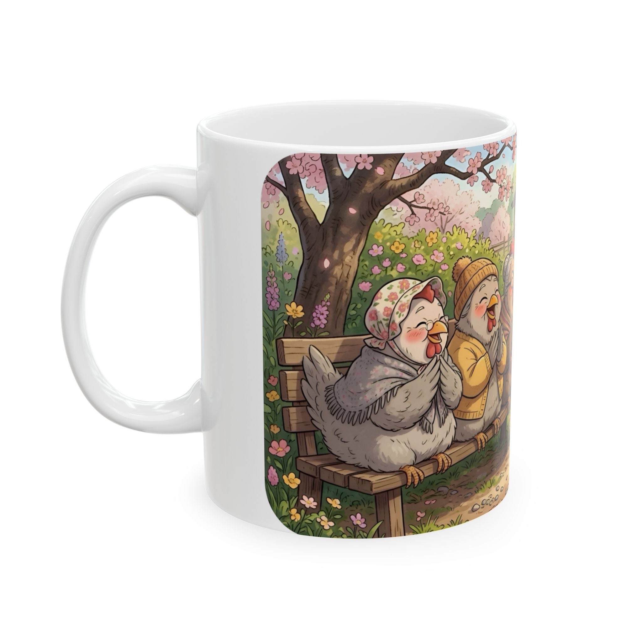 Spring Rooster & Chickens White Ceramic Mug — Cute & Cozy Country Farm Tea Cup (11oz/15oz)