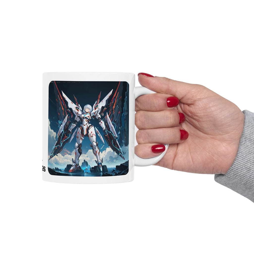 Sentience Rising MEK-EVA13X26 Prototype White Ceramic Mug | Sci-Fi NeoSentinel Uprising