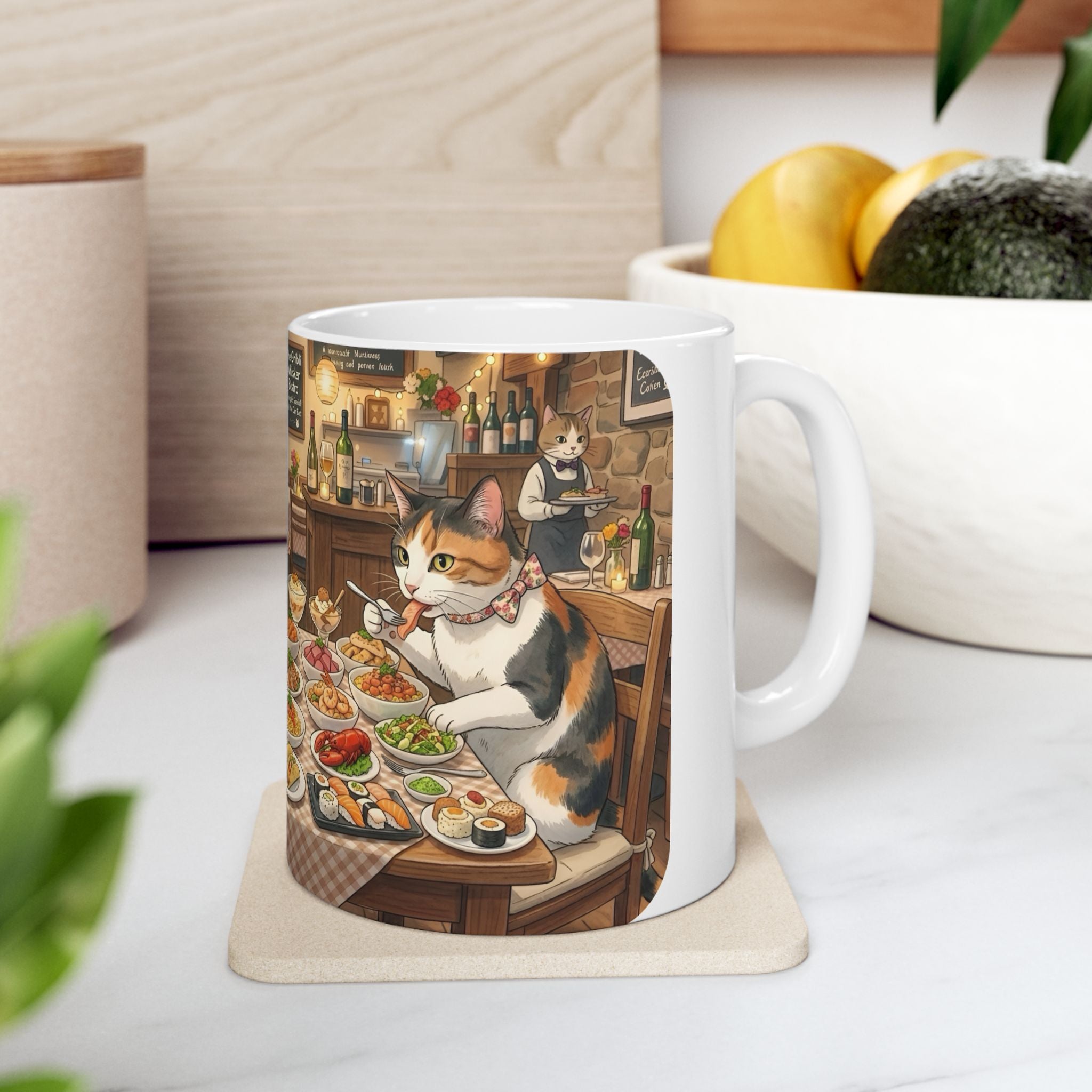 Cat Ghibli Whisker Bistro White Ceramic Mug — Cozy Feline Tapas Cafe Cup (11oz/15oz)