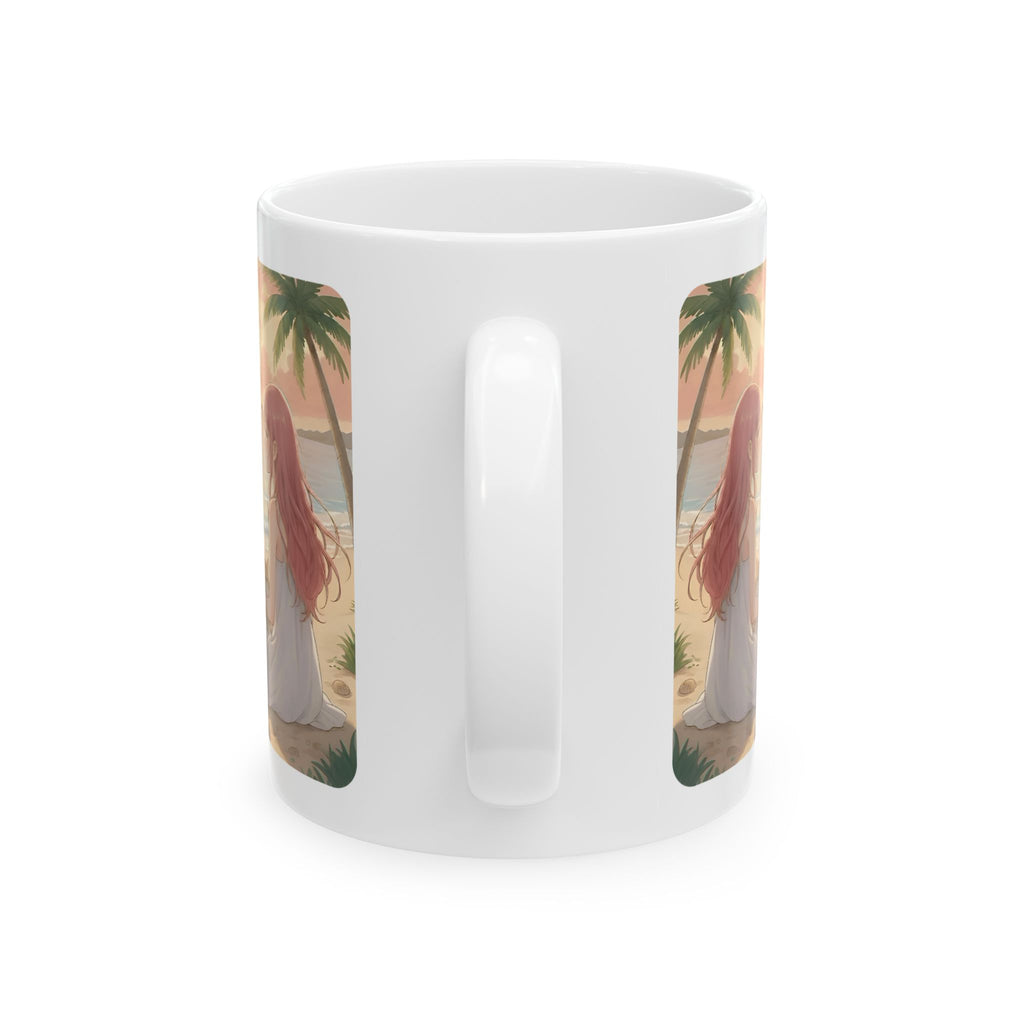 Cute Corgi Dog & Orange Cat Tropical Seascape White Ceramic Mug, Cozy Pembroke Welsh Corgi Mom on Beach Cup (11oz, 15oz)