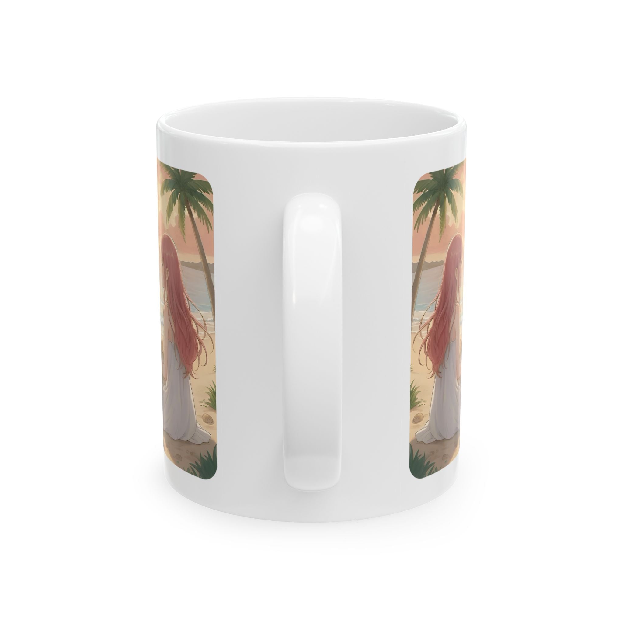 Cute Corgi Dog & Orange Cat Tropical Seascape White Ceramic Mug, Cozy Pembroke Welsh Corgi Mom on Beach Cup (11oz, 15oz)