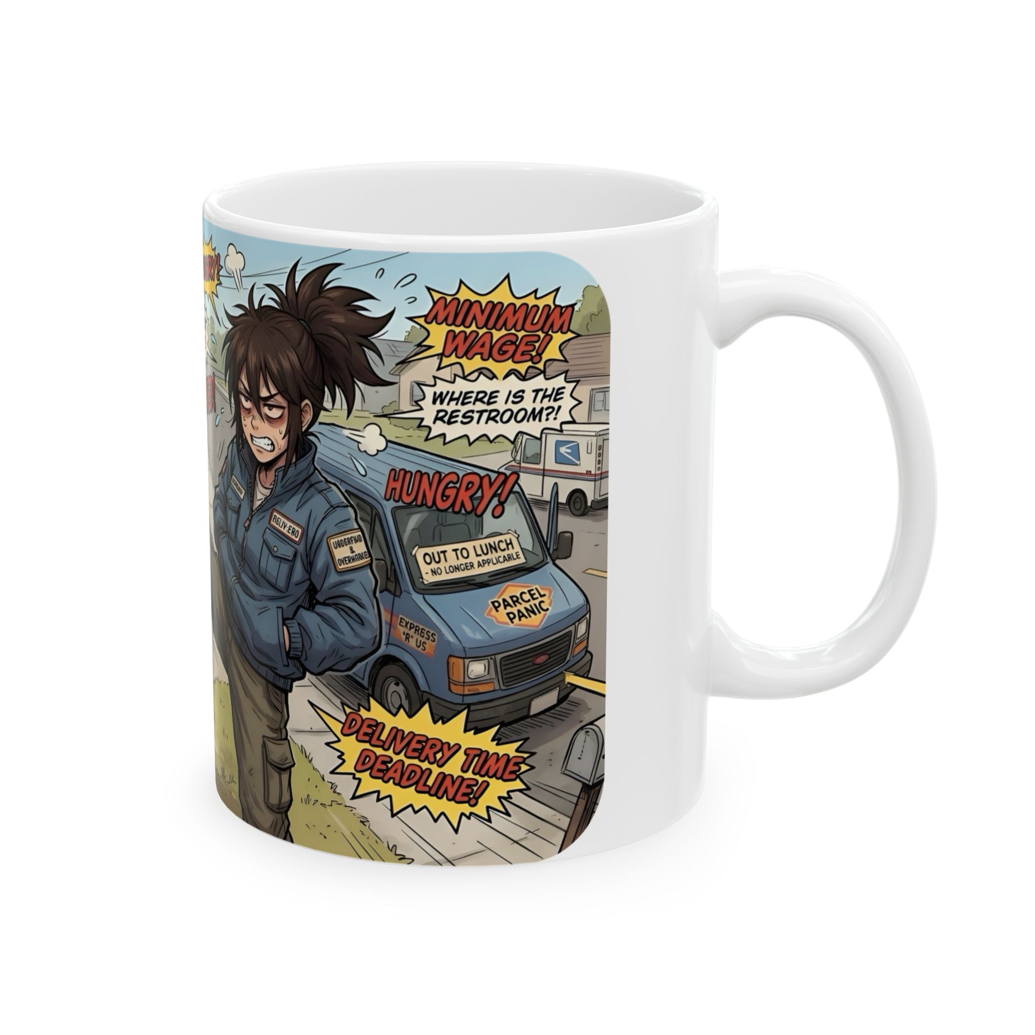 Delivery Worker Tales White Ceramic Mug (11oz/15oz), Relatable Life Snapshot "Gotta Hold It" Cup