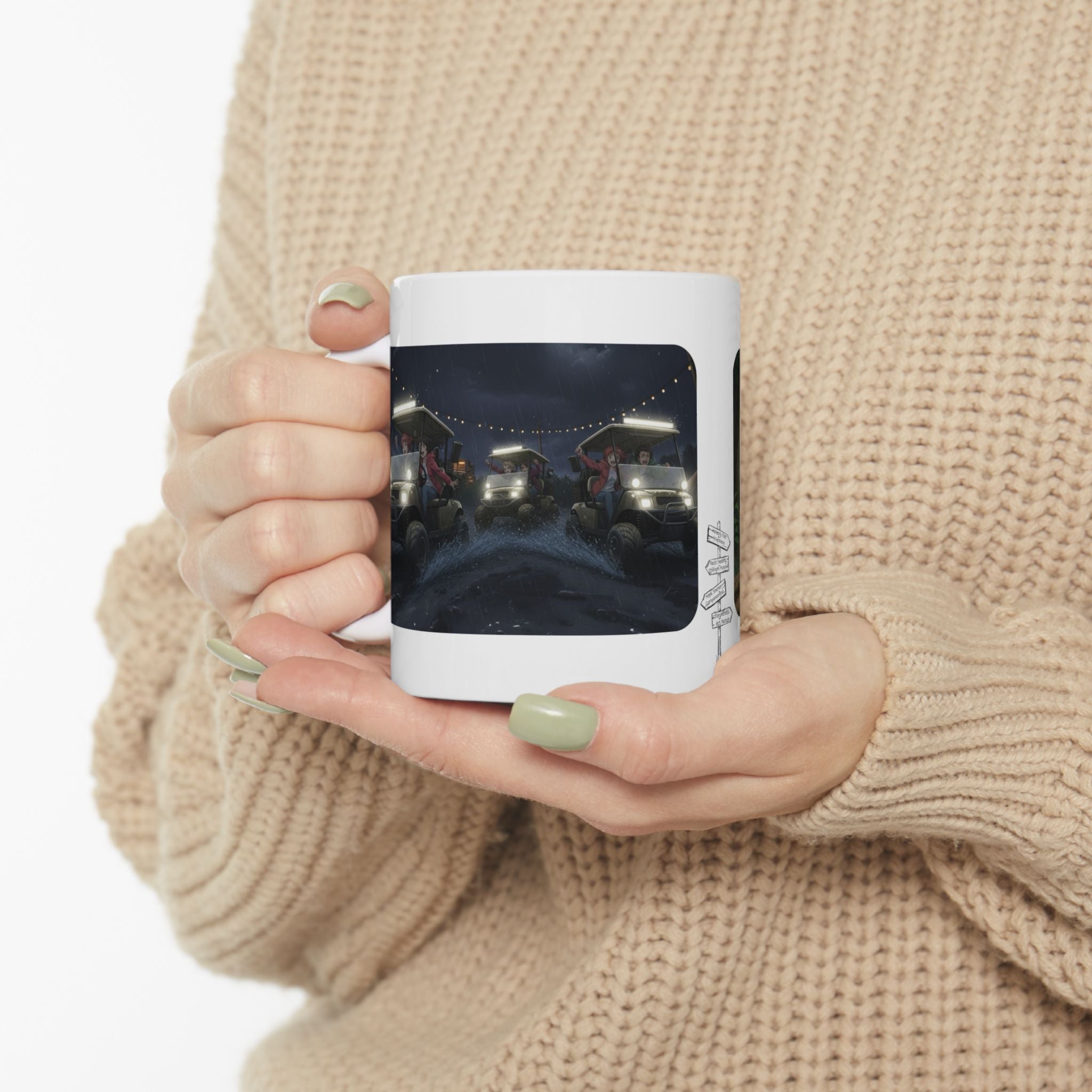 Anime Golf Cart Mud & Rain Racing Adventures #5 White Ceramic Mug — Find Your Path To The Essentials Cup (11oz & 15oz)