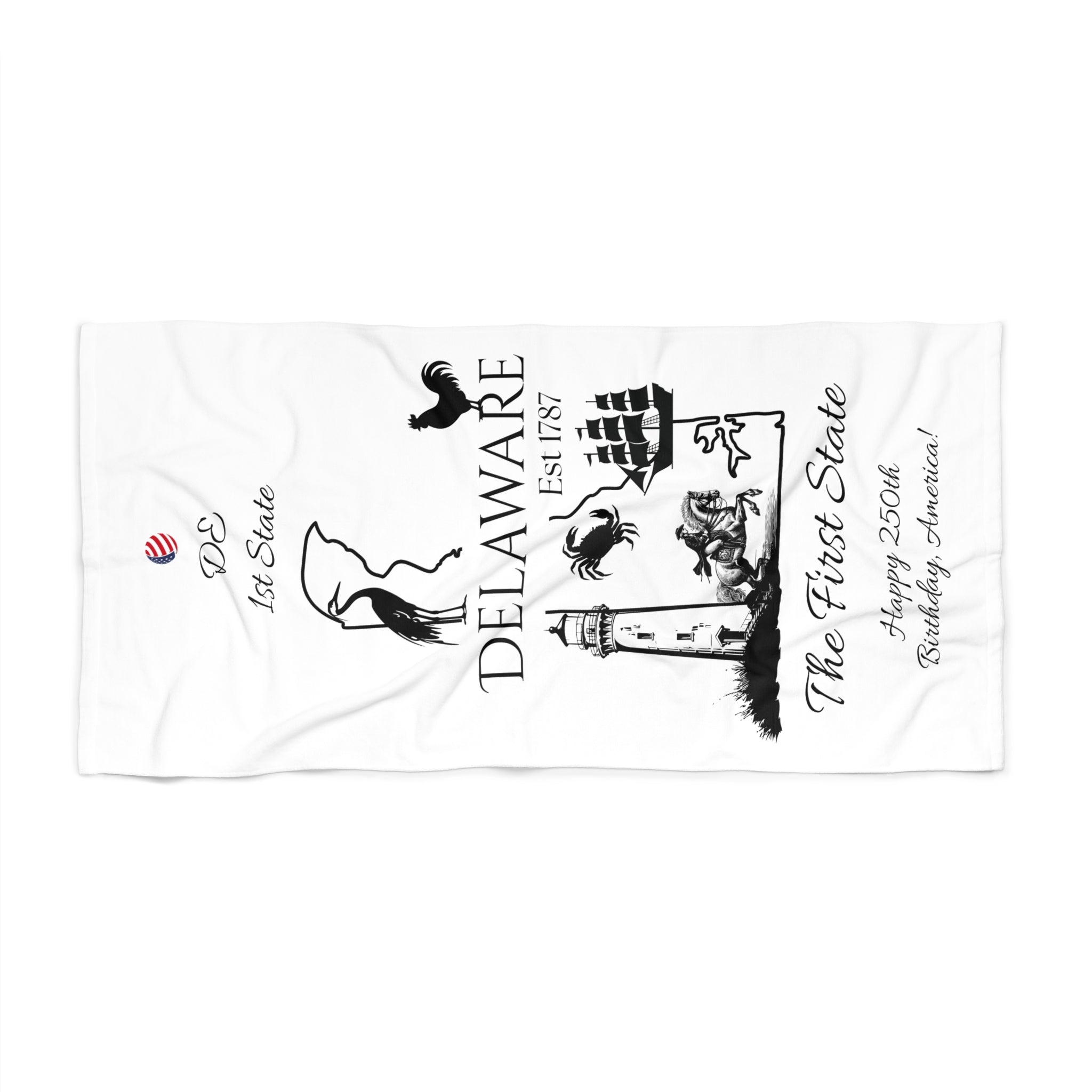 Delaware 1st State Beach Towel, Personalized Custom Images, America's 250th Birthday Celebration Gift, USA Map Decor, Patriotic Towel