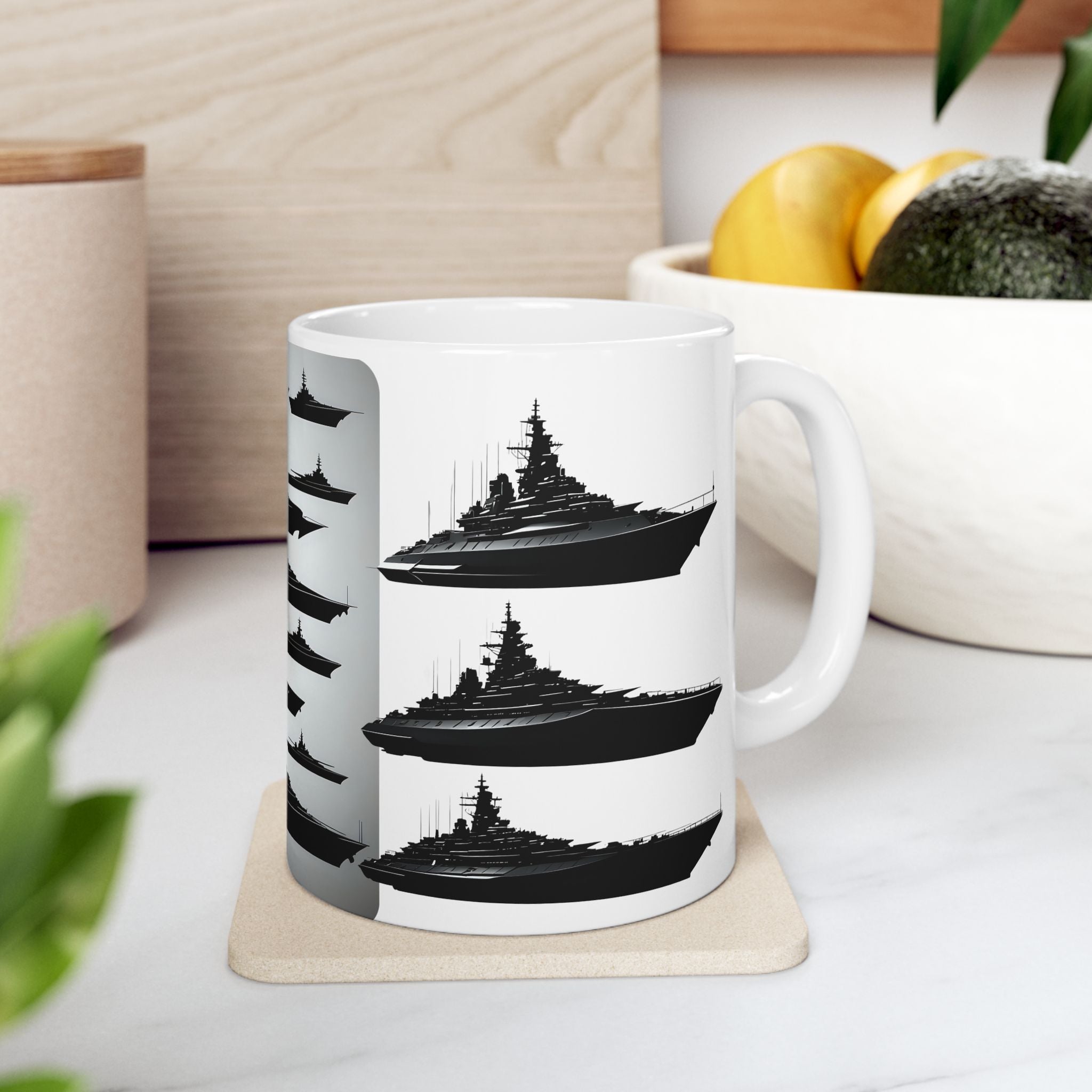 Tactical Battleship Silhouettes White Ceramic Mug — Naval Maritime Warships Cup (11oz & 15oz)