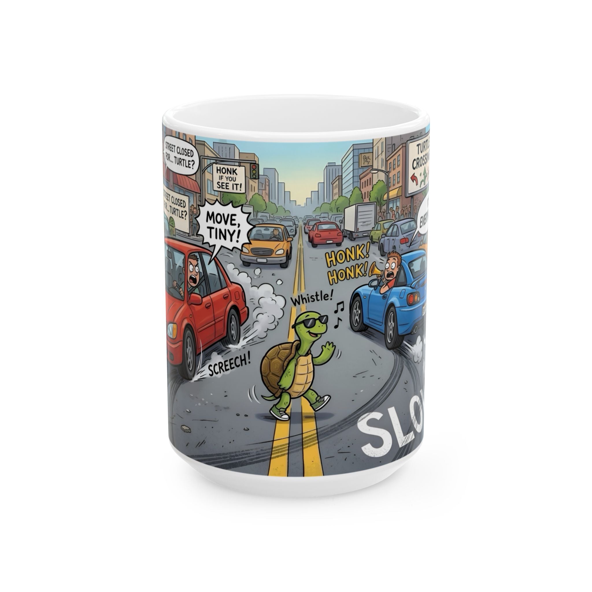Cute Turtle Crossing White Ceramic Mug, Cruising Vibes Cup (11oz, 15oz)