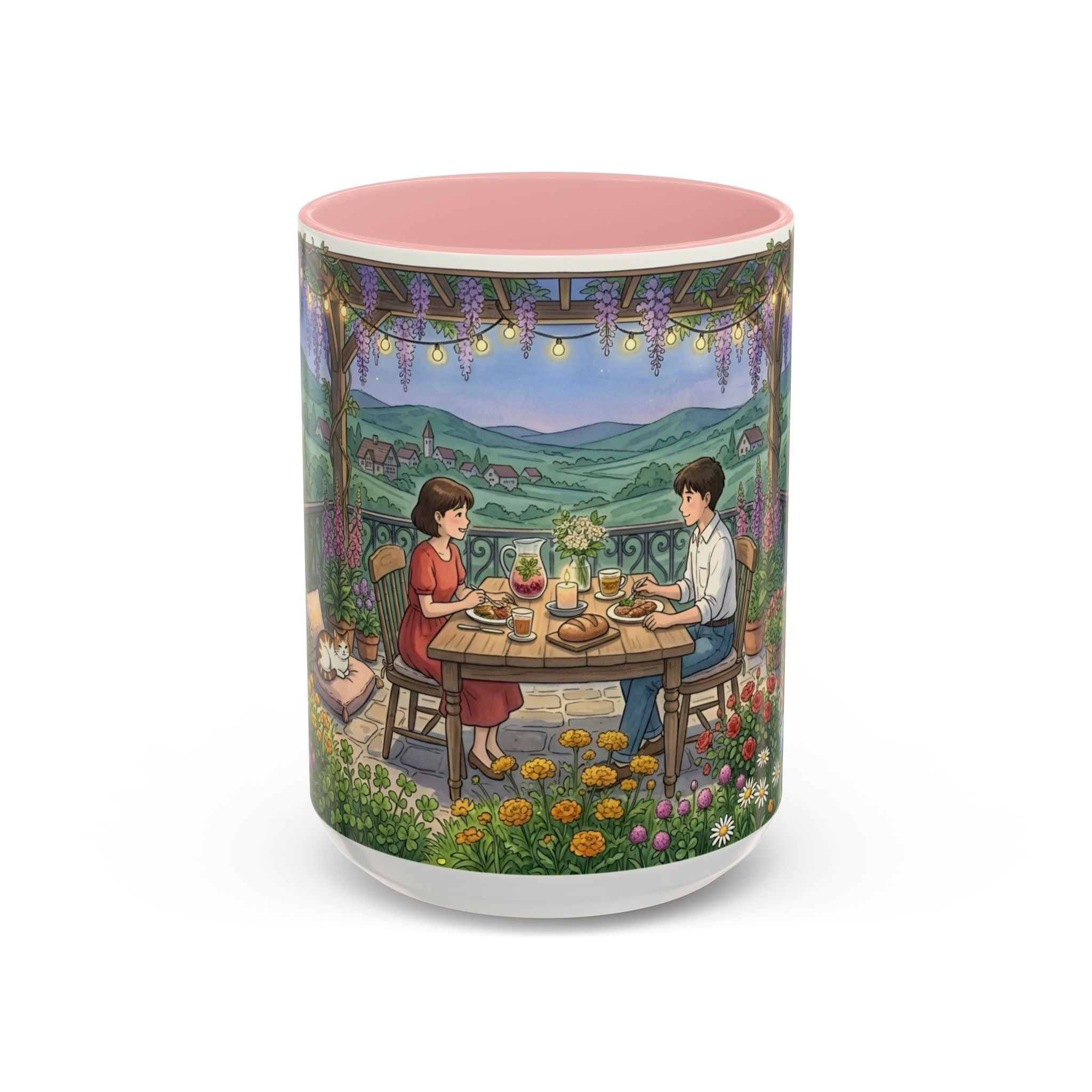 Cozy Romantic Garden Dinner Ceramic Mug — Couples Outdoor Bistro Cup (11 oz, 15 oz)