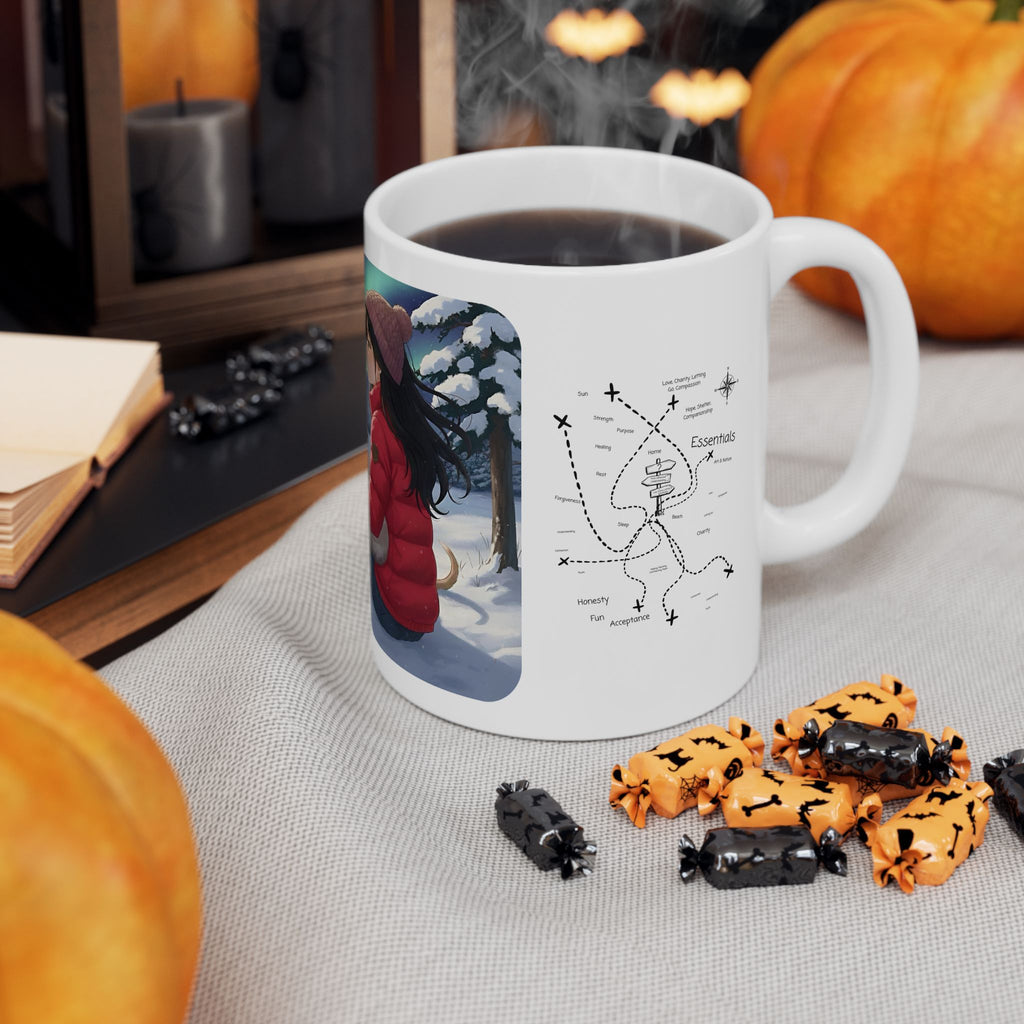 Cozy Winter Night Sky & Reindeer Charm Anime White Ceramic Mug — Greyhound & Siberian Cat under Northern Lights Cup (11oz, 15oz)